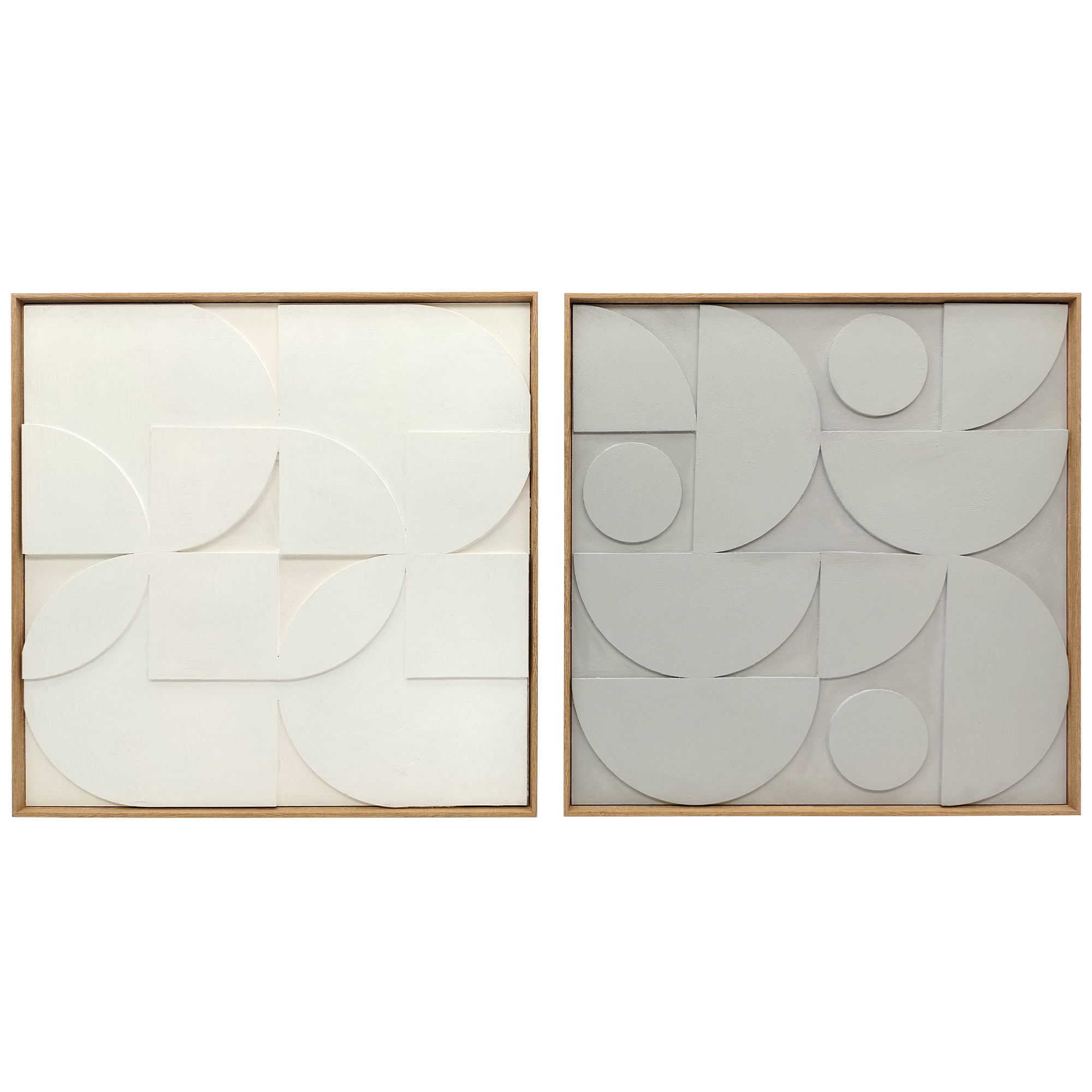 Dos paneles de pared enmarcados cuadrados presentan relieves geométricos blancos y grises con semicírculos en marcos de madera.