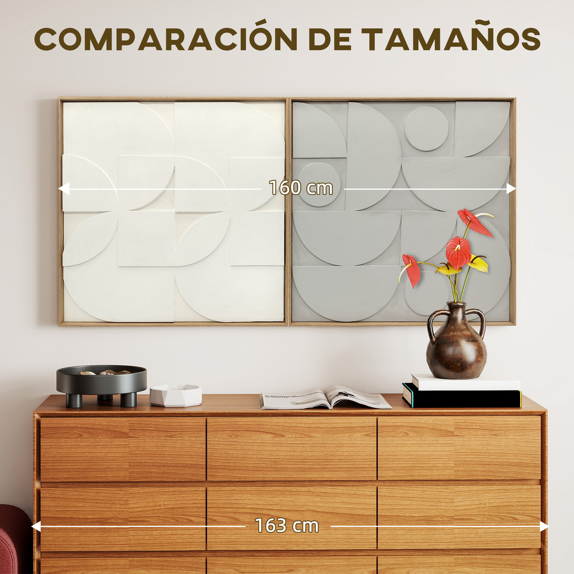 Dos paneles de pared con relieve sobre una cómoda de madera con decoración y textos de 160 cm y 163 cm.