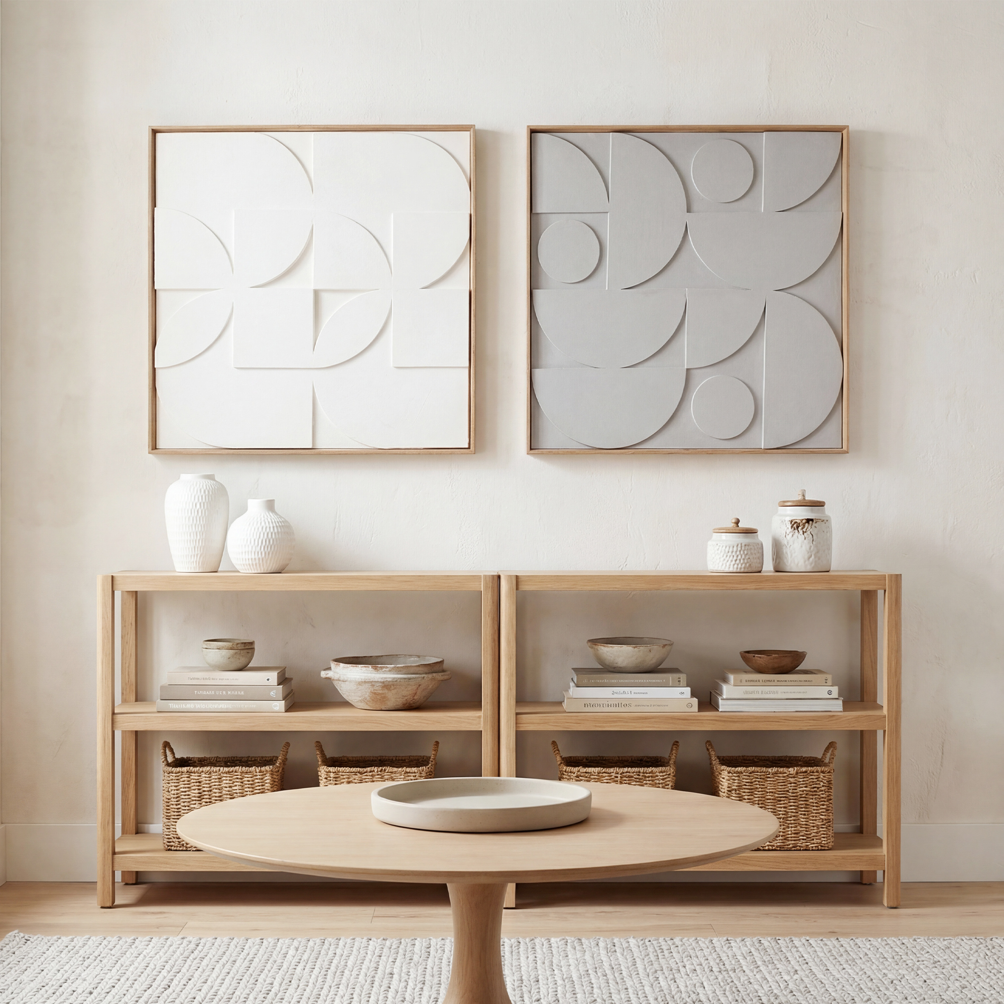 Estanterías de madera con cerámica y cestas bajo arte de pared abstracto blanco y gris en una pared clara.