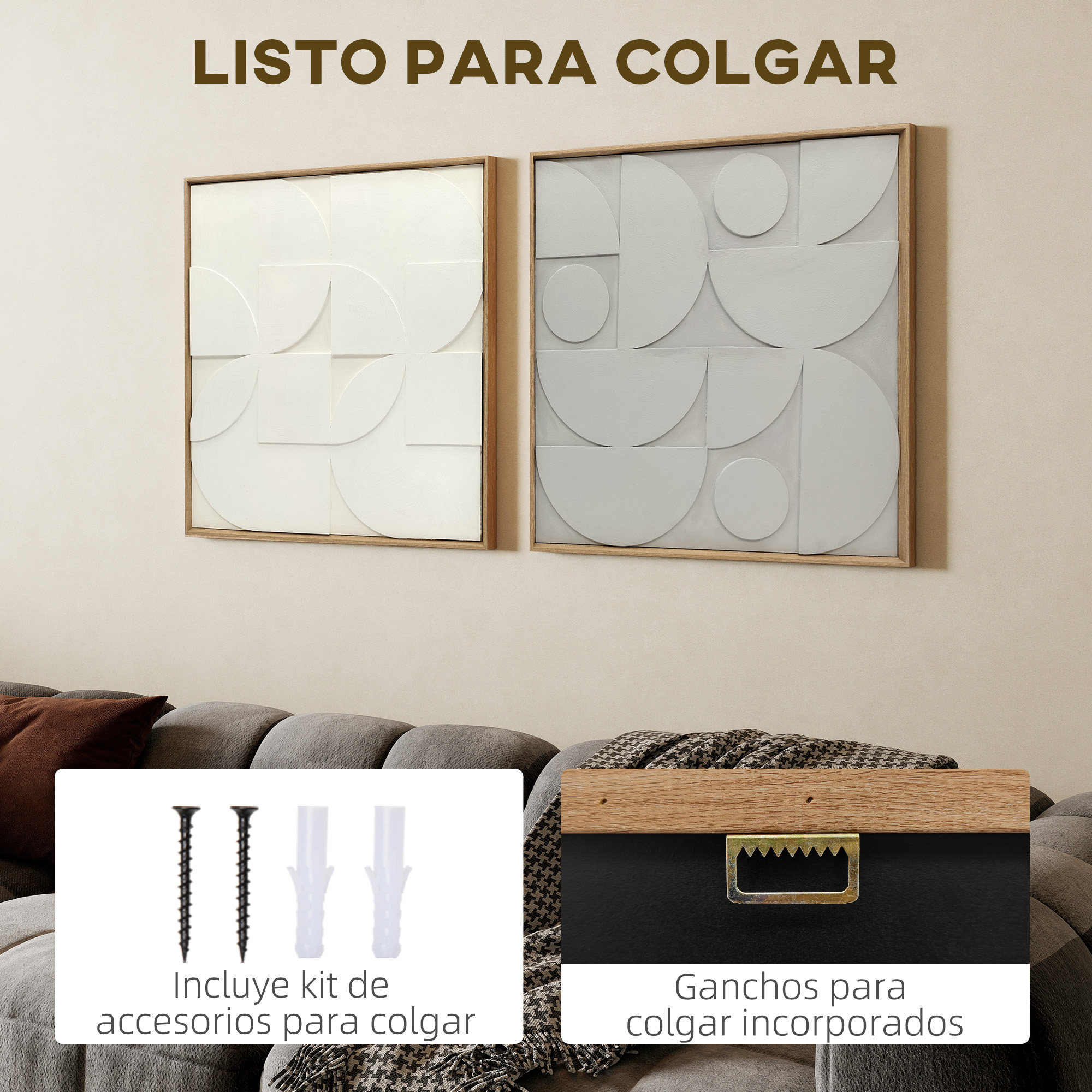 Dos cuadros geométricos texturizados sobre un sofá gris, mostrando los accesorios para colgar.