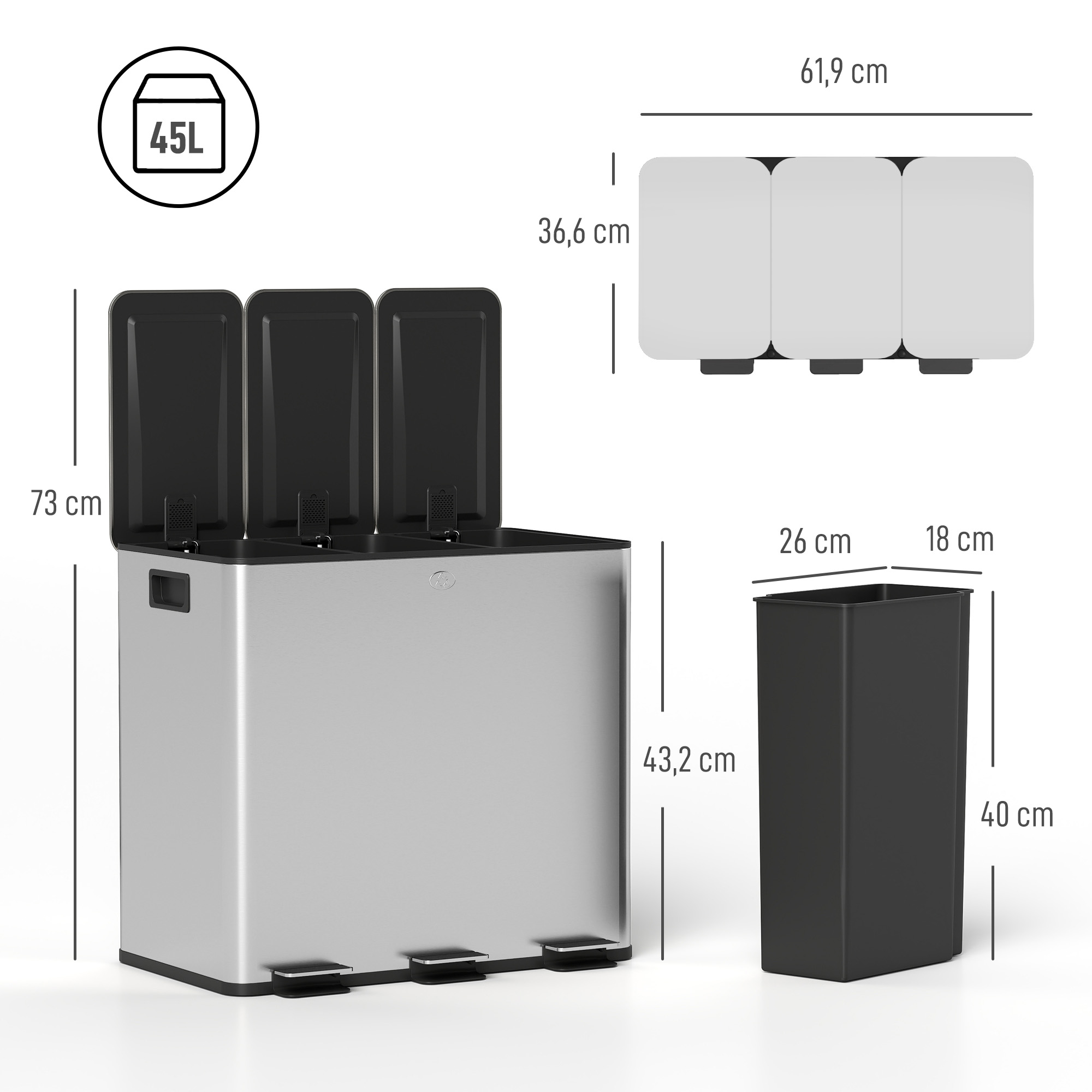 Diagrama de un cubo de basura de reciclaje de acero inoxidable de 45 litros con tres compartimentos y dimensiones.