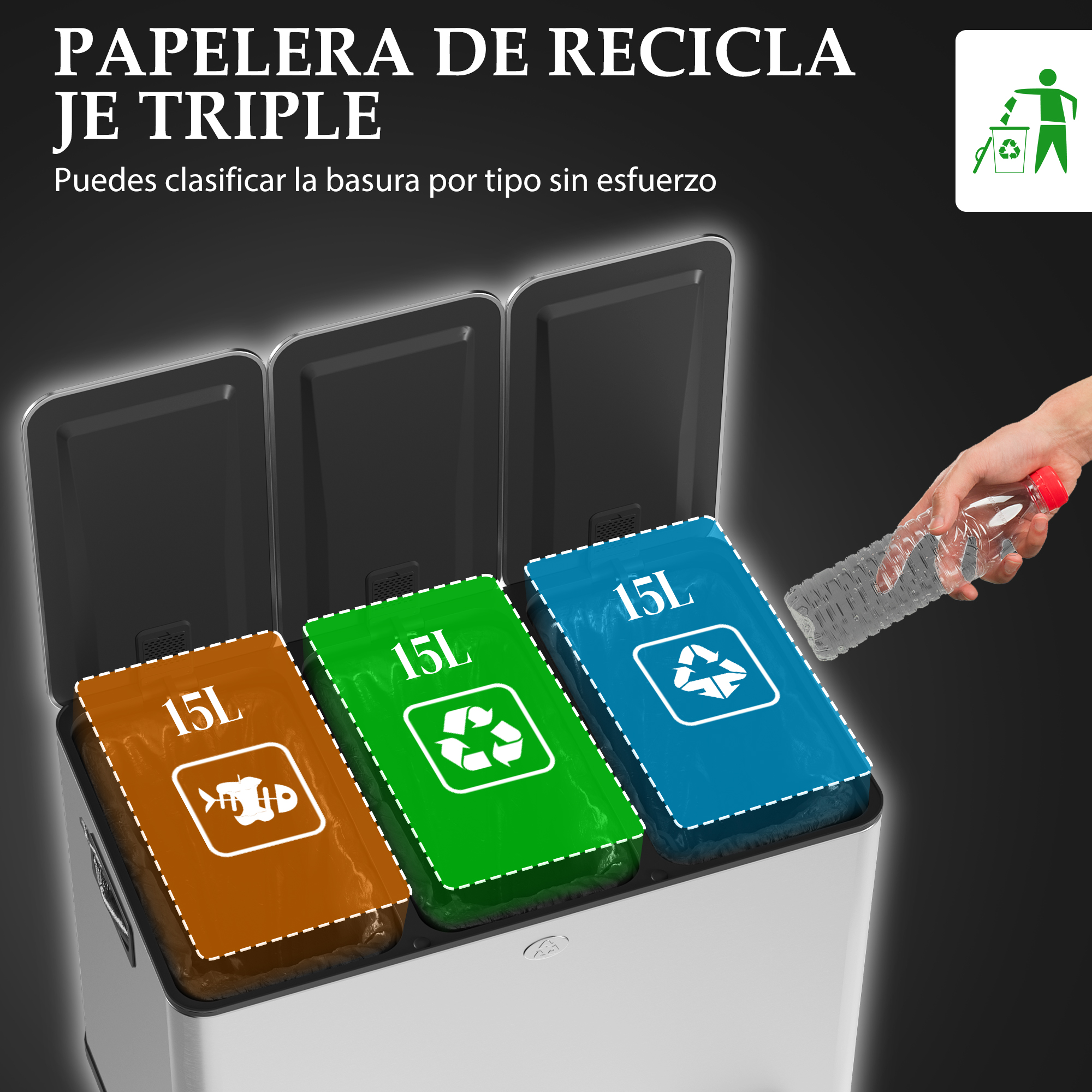 Papelera de reciclaje triple con tapas abiertas y compartimentos de 15L en marrón, verde y azul.