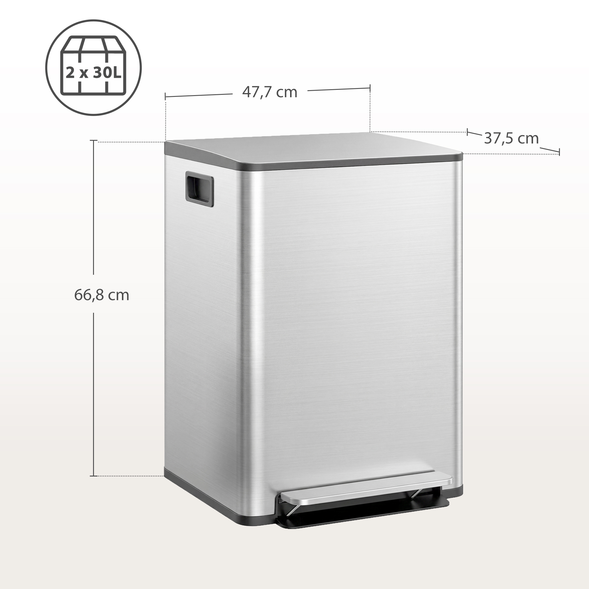 Papelera de pedal de acero inoxidable plateado con dimensiones: 66,8 cm de alto, 47,7 cm de ancho, 37,5 cm de fondo.