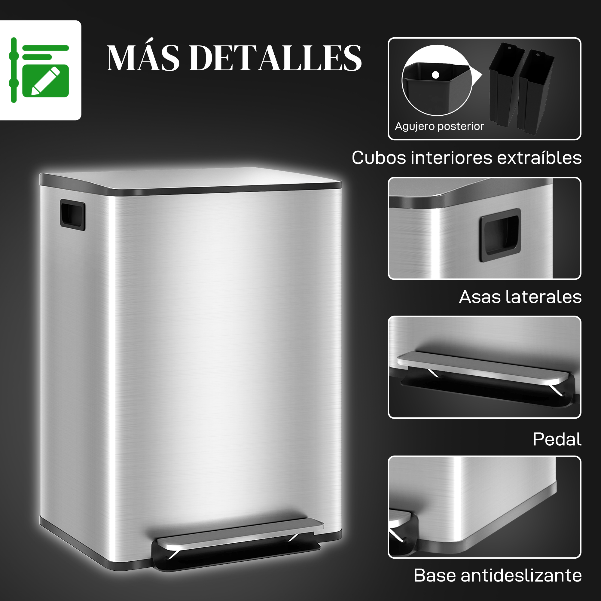Papelera de acero inoxidable mostrando detalles como cubos interiores, asas laterales, pedal y base antideslizante.