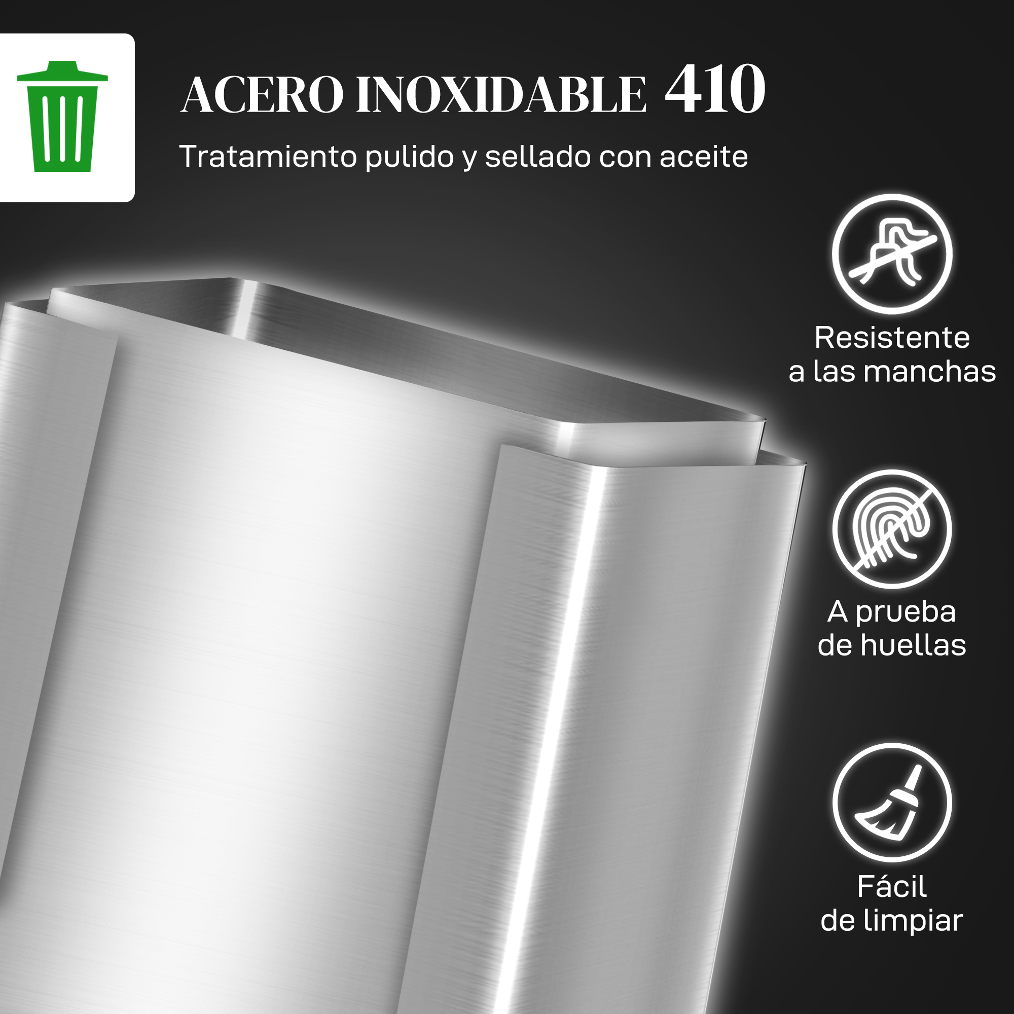Superficie de acero inoxidable con iconos de resistencia a manchas, huellas y fácil limpieza.