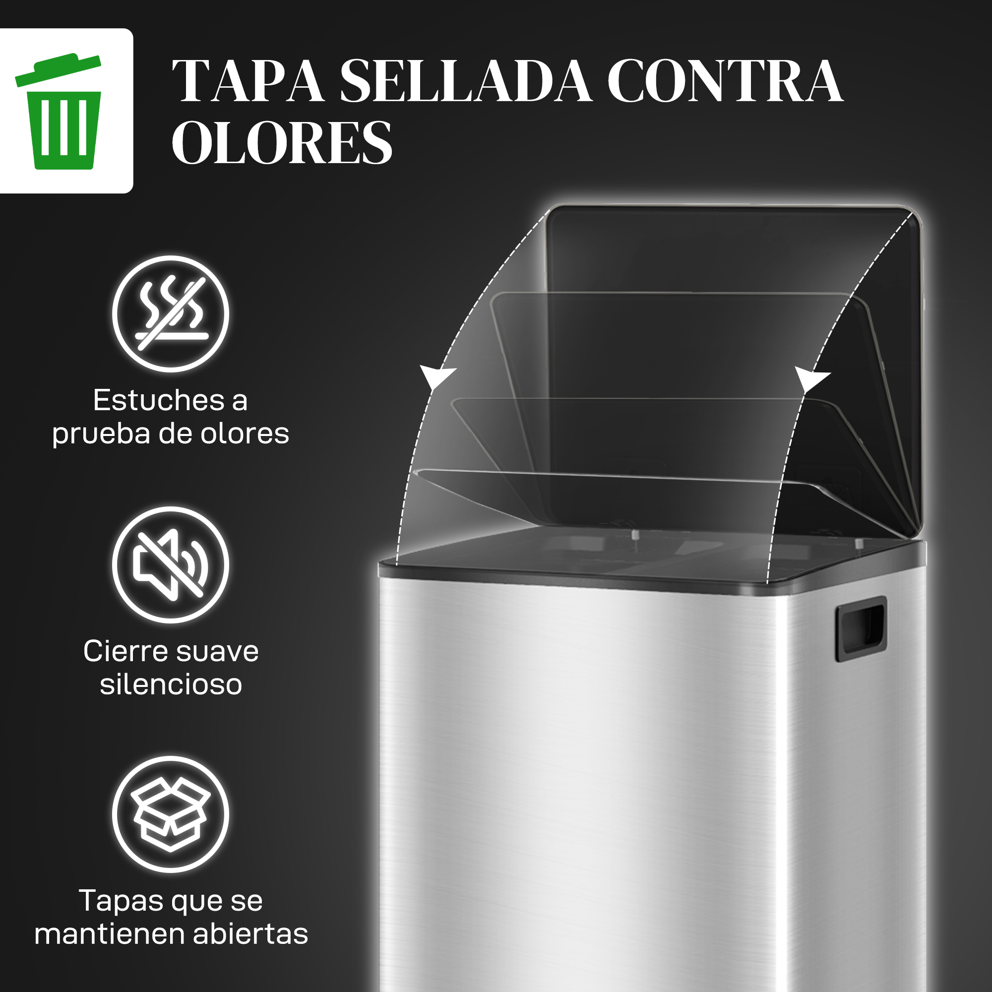 Uncubodebasuradeaceroinoxidablemuestralatapaseurizadaconcierresuaveenunfondonegro.
