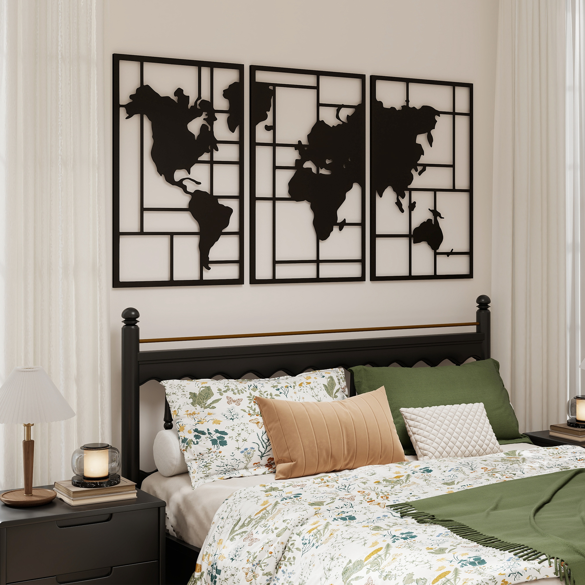 Un dormitorio con una cama de madera, cojines estampados y un mapa del mundo negro de tres paneles.