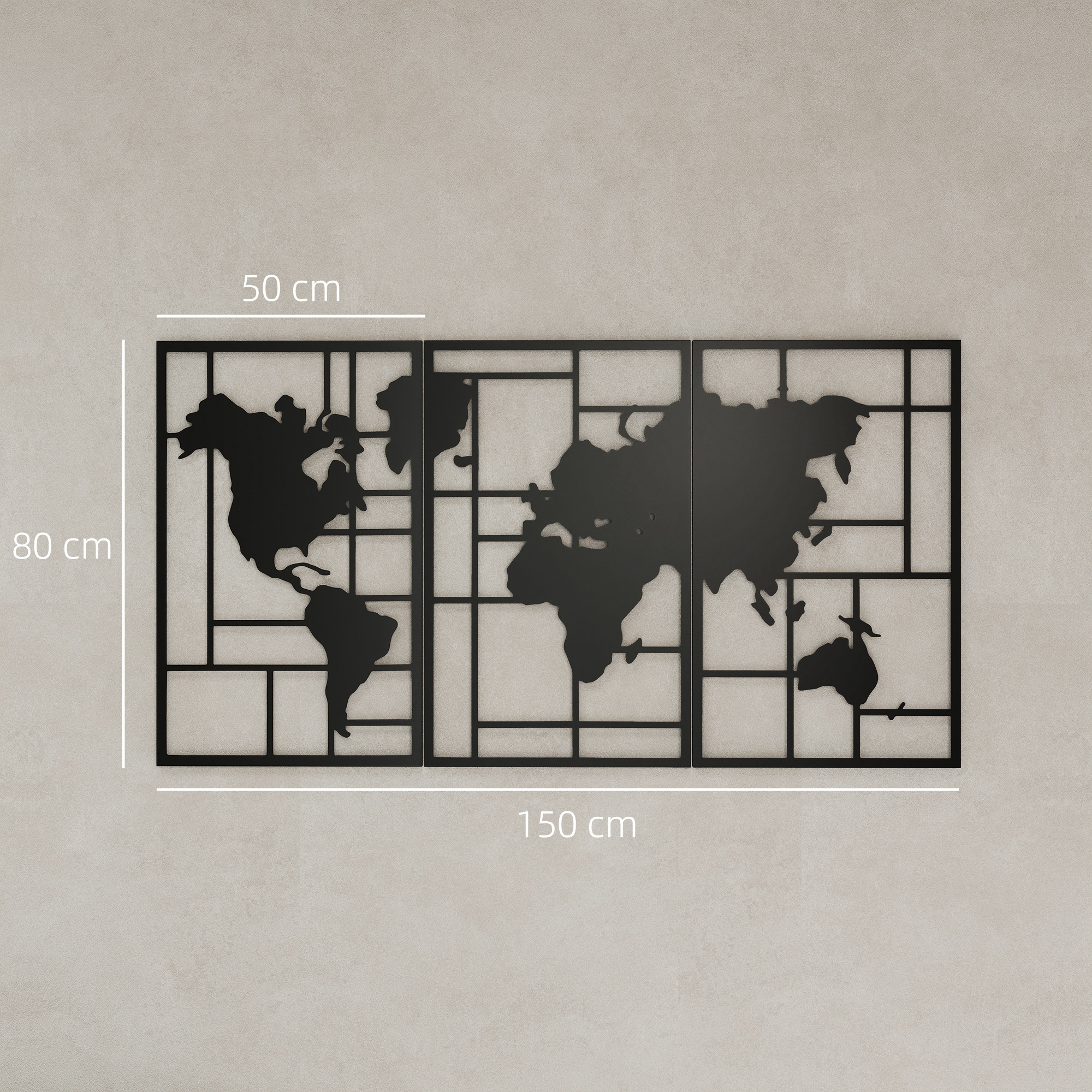Un mapamundi de metal negro de tres paneles con líneas de cuadrícula geométricas en una pared, mostrando dimensiones.