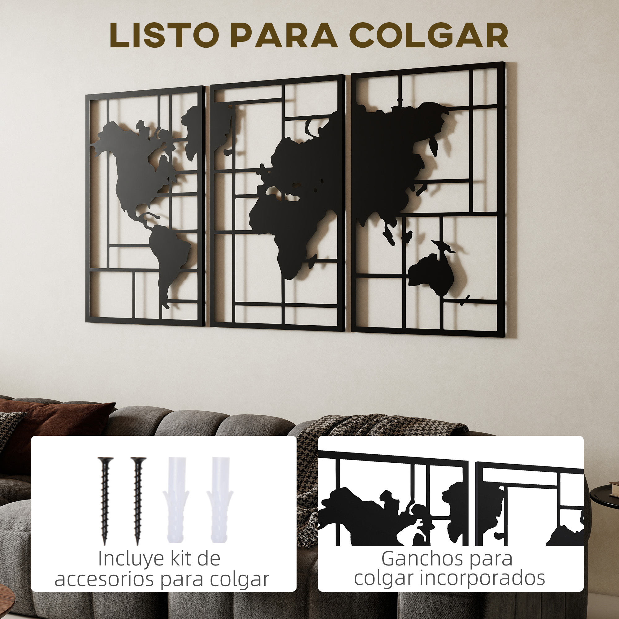 Arte de pared de metal con un mapa mundial de tres paneles sobre un sofá, incluye accesorios.