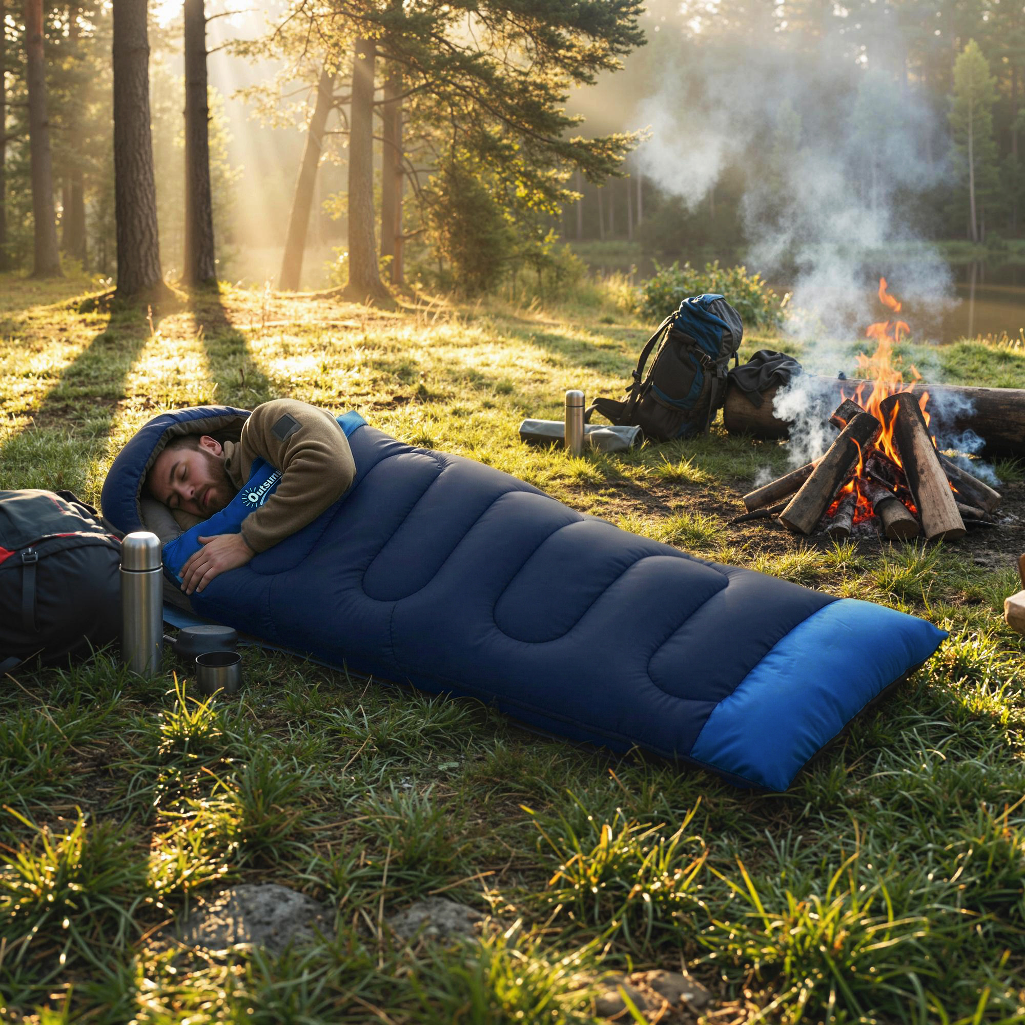 Un hombre duerme en un saco de dormir azul en un bosque junto a una fogata.