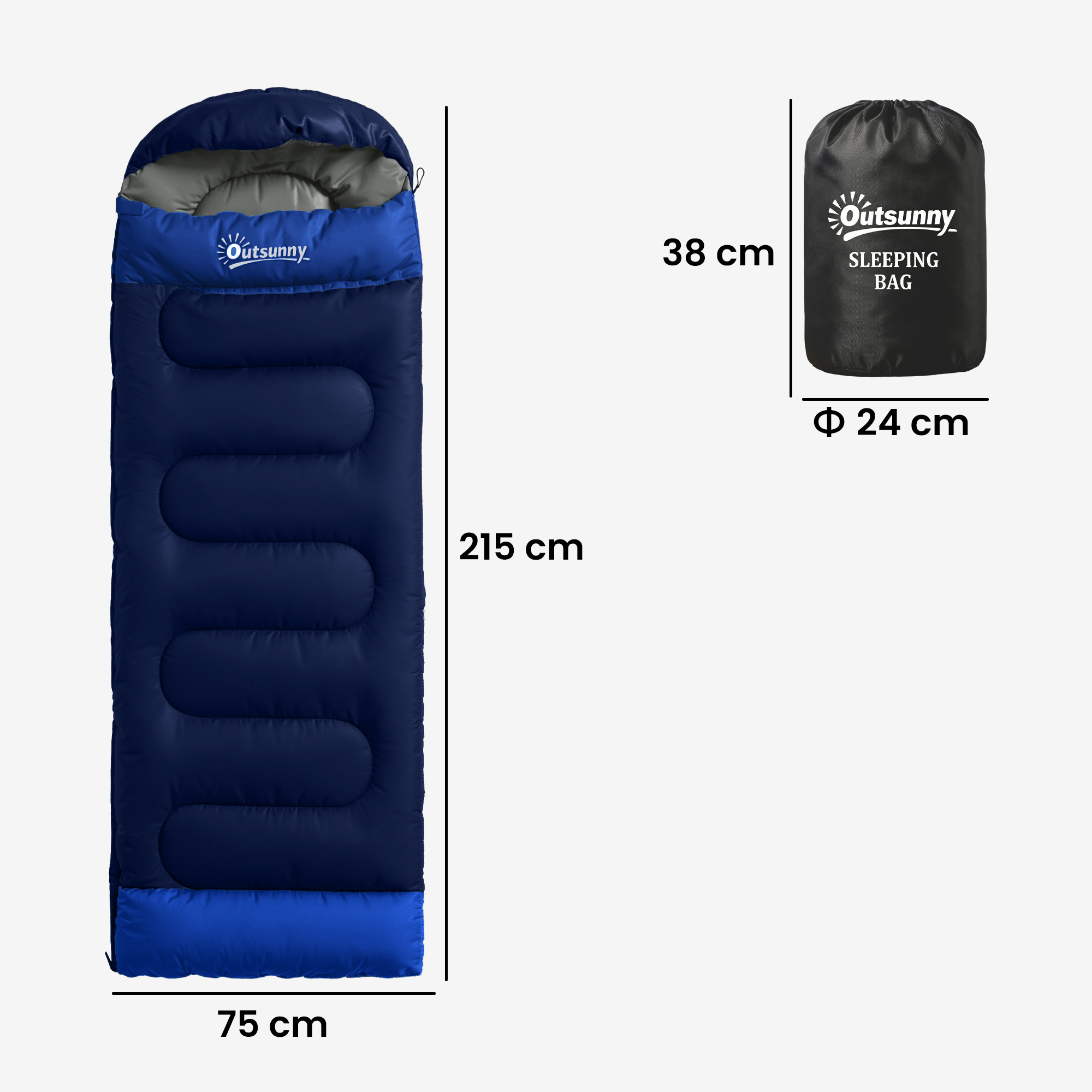 Saco de dormir Outsunny azul de 215x75 cm, mostrado desenrollado y en su bolsa de transporte de 38x24 cm.