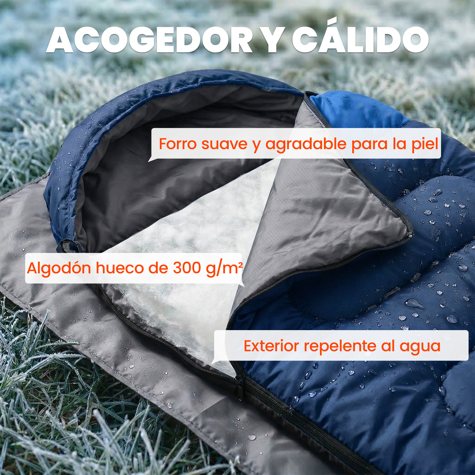 Saco de dormir azul sobre hierba escarchada con exterior repelente al agua, forro suave y relleno de algodón.