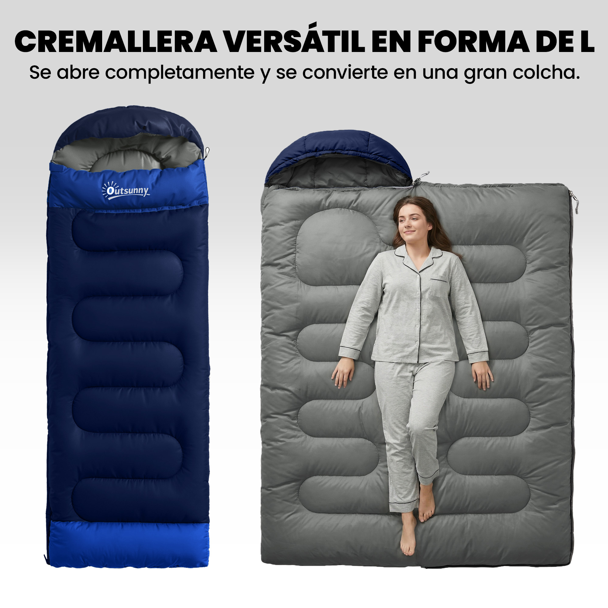 Un saco de dormir azul y el mismo abierto como manta con una mujer tumbada encima.