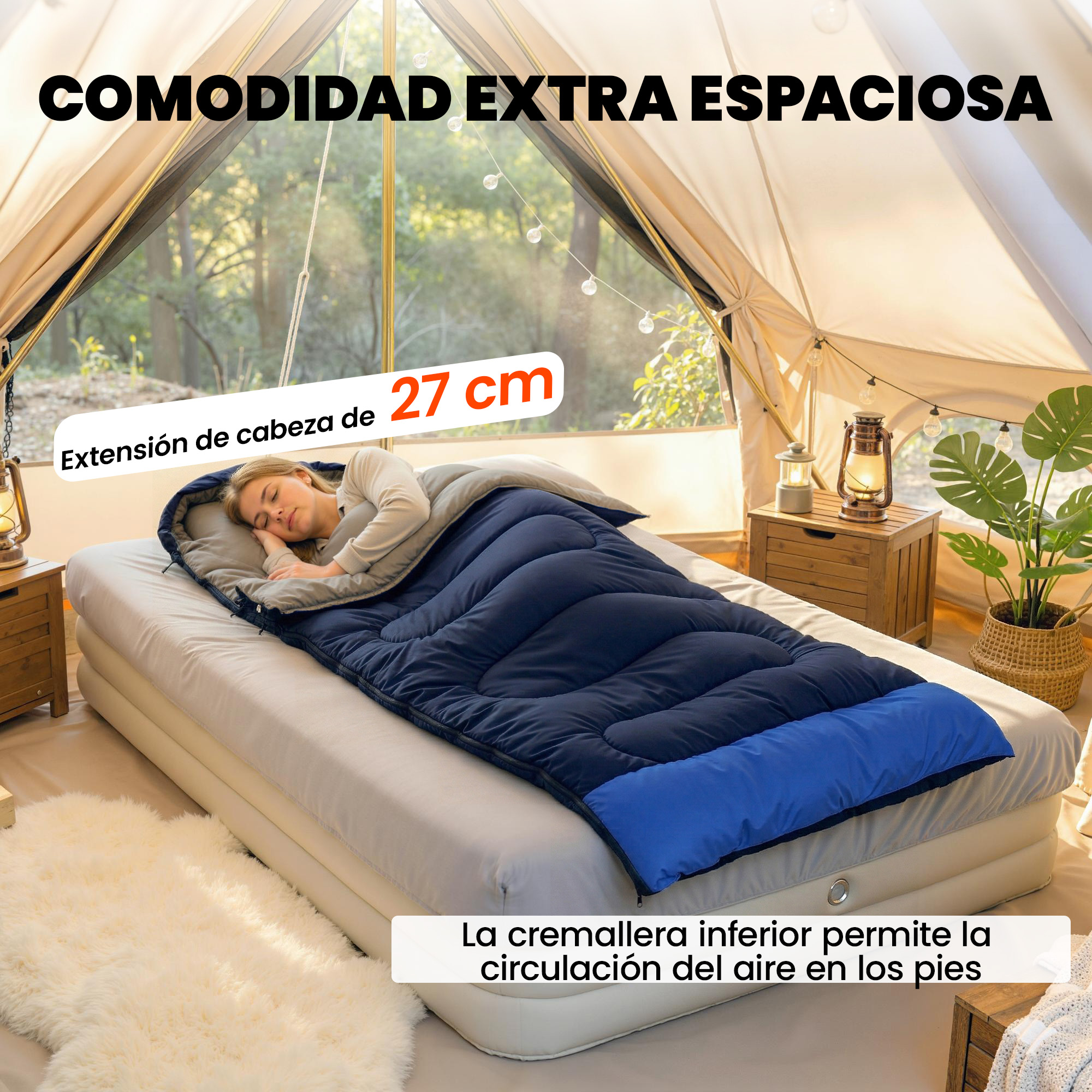 Una mujer duerme en un saco de dormir azul sobre un colchón de aire en una gran tienda con muebles de madera.