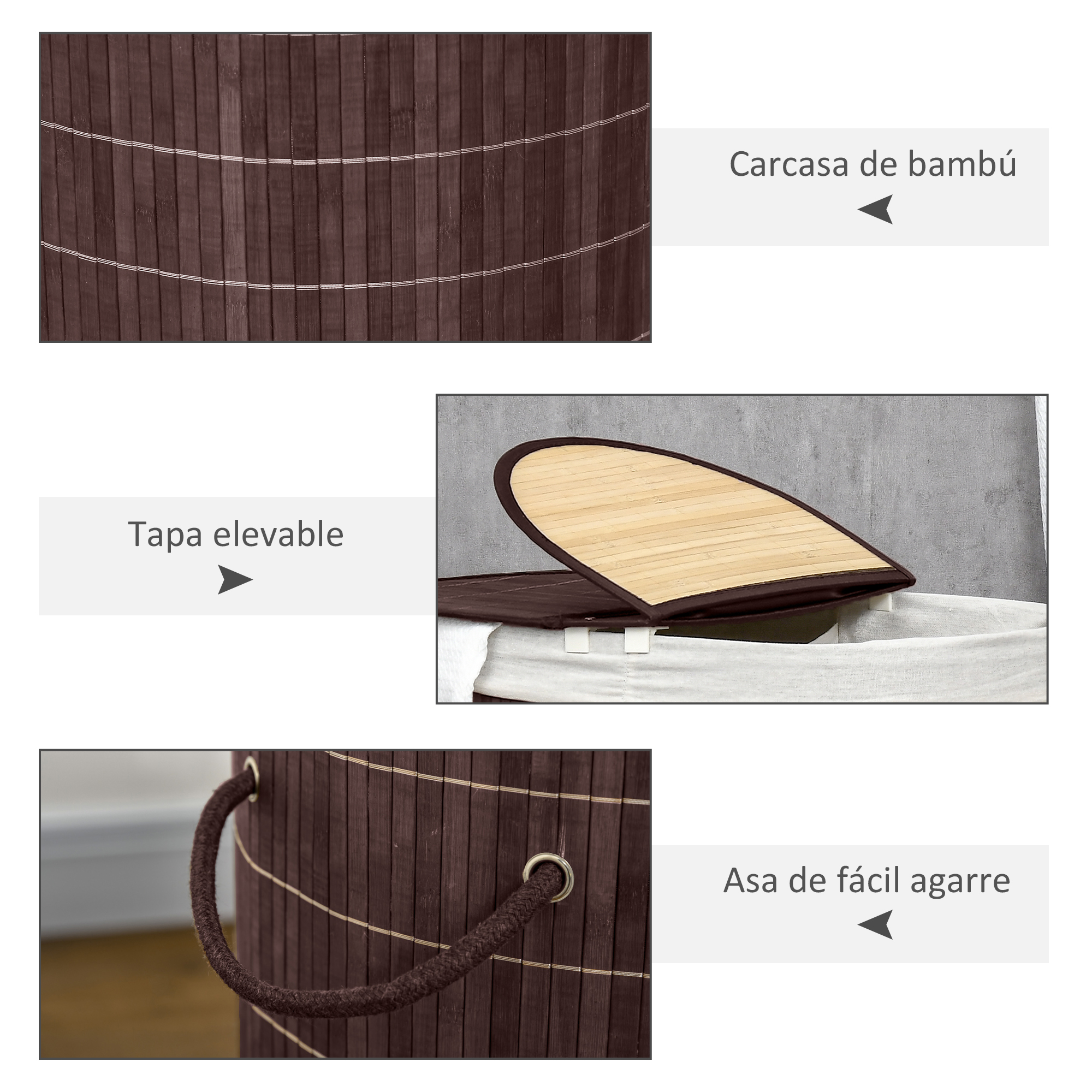 Tres imágenes de detalle de un cesto de bambú muestran la estructura de bambú, la tapa y el asa.