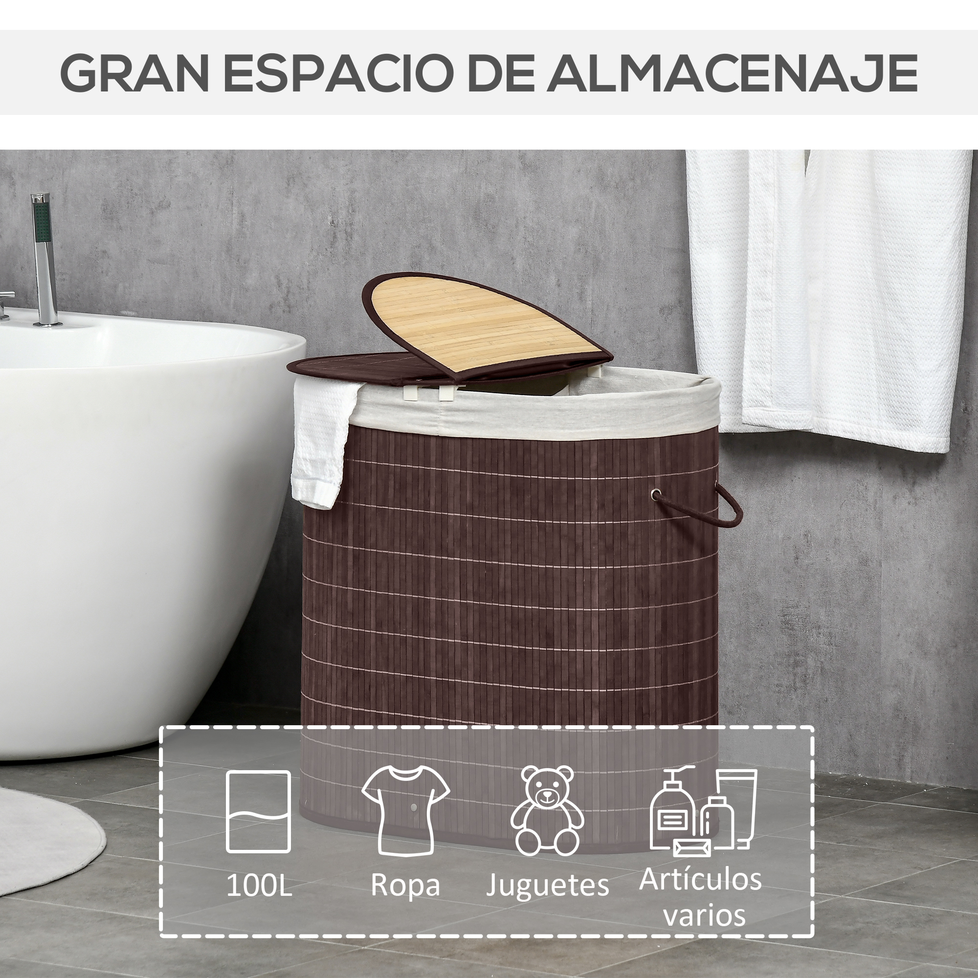 Un cesto de ropa de bambú marrón en un baño moderno junto a una bañera.