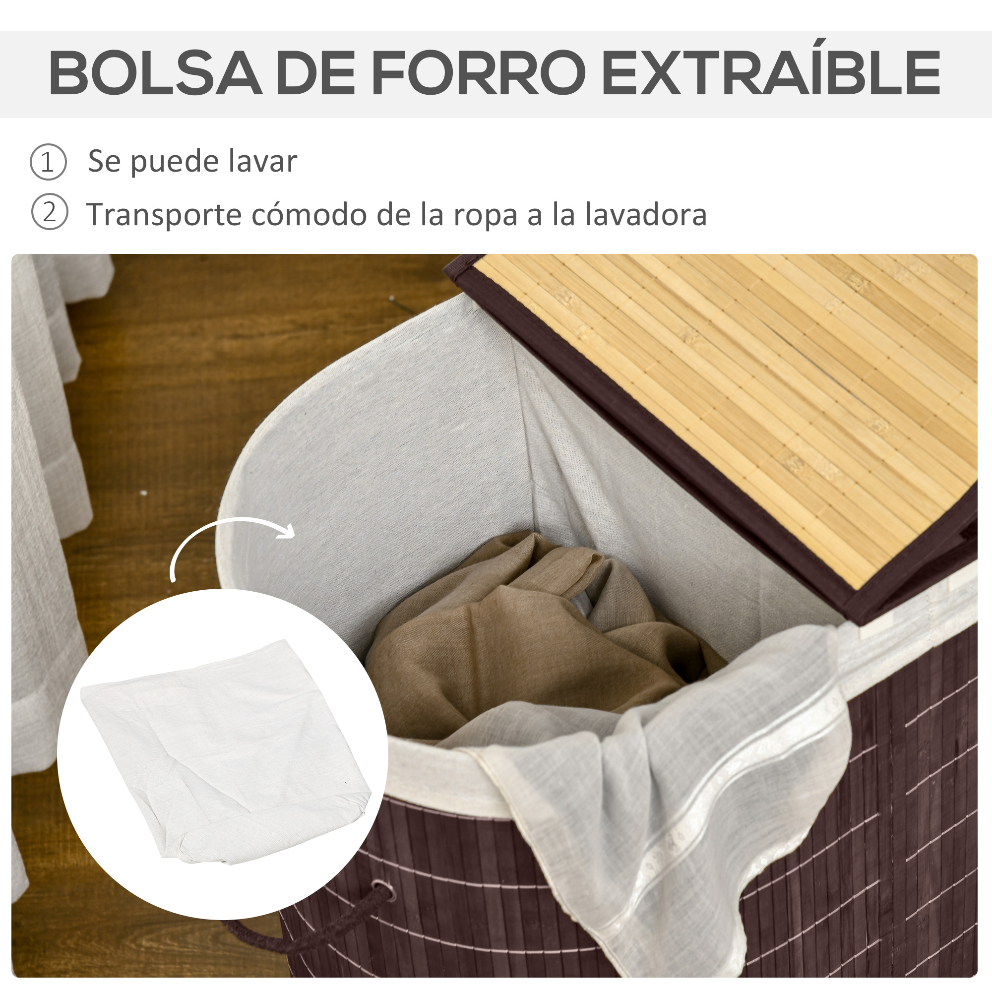 Cesto para la ropa con bolsa de tela extraíble y lavable y tapa de bambú.