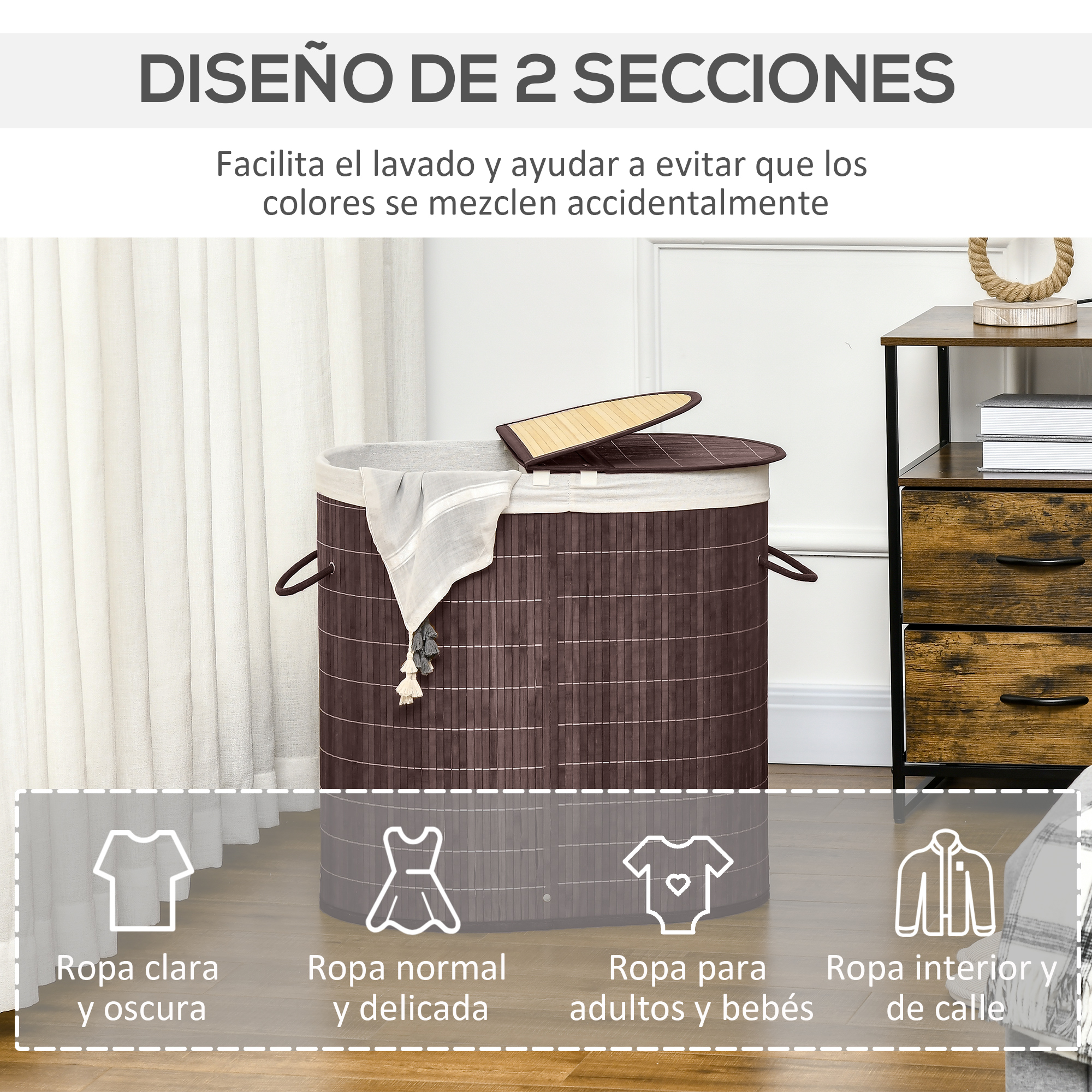 Cesto de ropa de bambú marrón de dos secciones en una habitación luminosa.