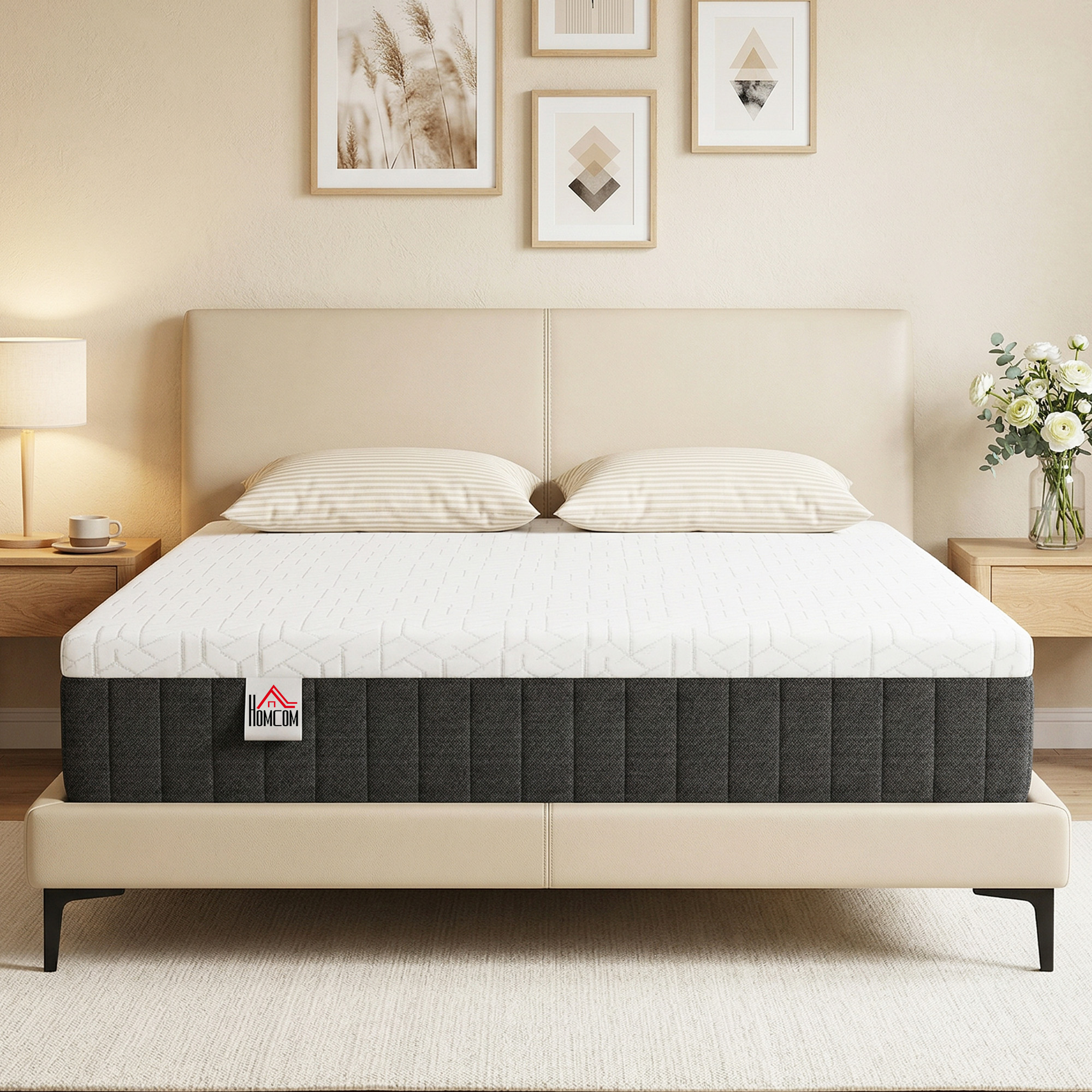 Un dormitorio acogedor con una cama tapizada en beige, colchón blanco, mesitas de noche y cuadros en la pared.