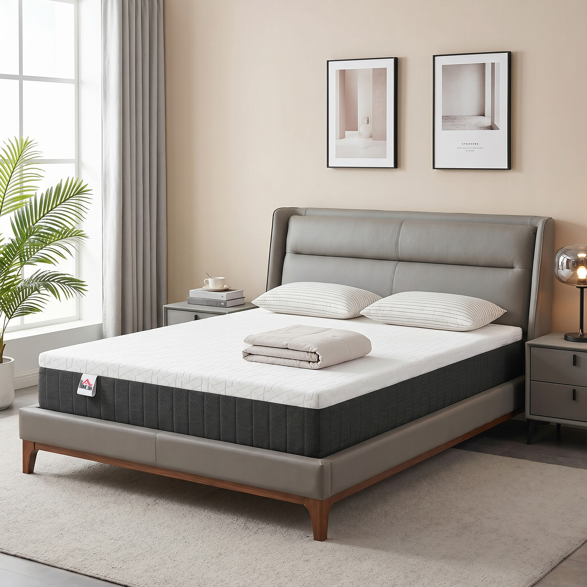Cama de cuero gris moderna con colchón blanco, almohadas y dos mesitas de noche en un dormitorio.