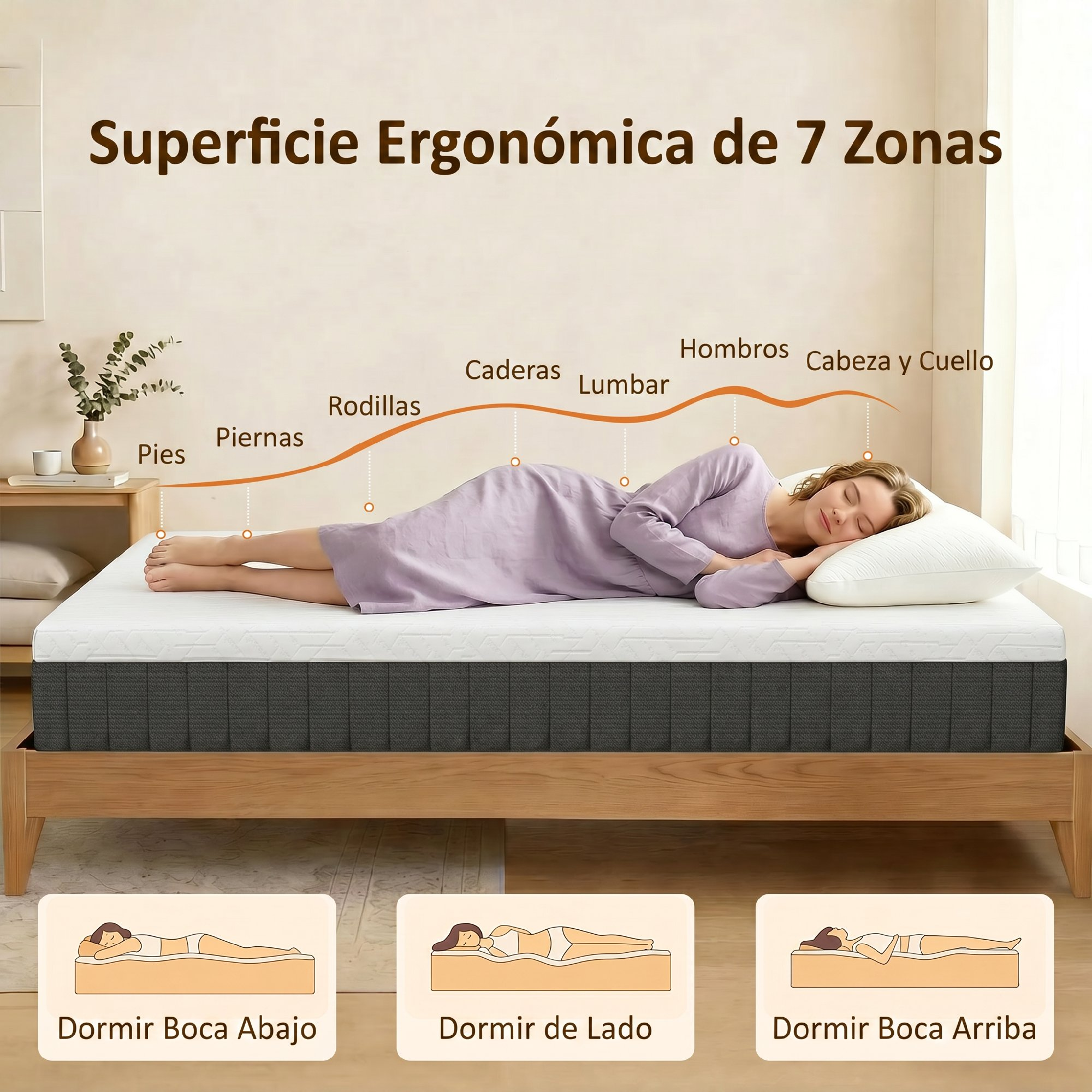 Una mujer duerme en un colchón ergonómico, con zonas para cabeza, hombros, lumbares, caderas, rodillas, piernas y pies.