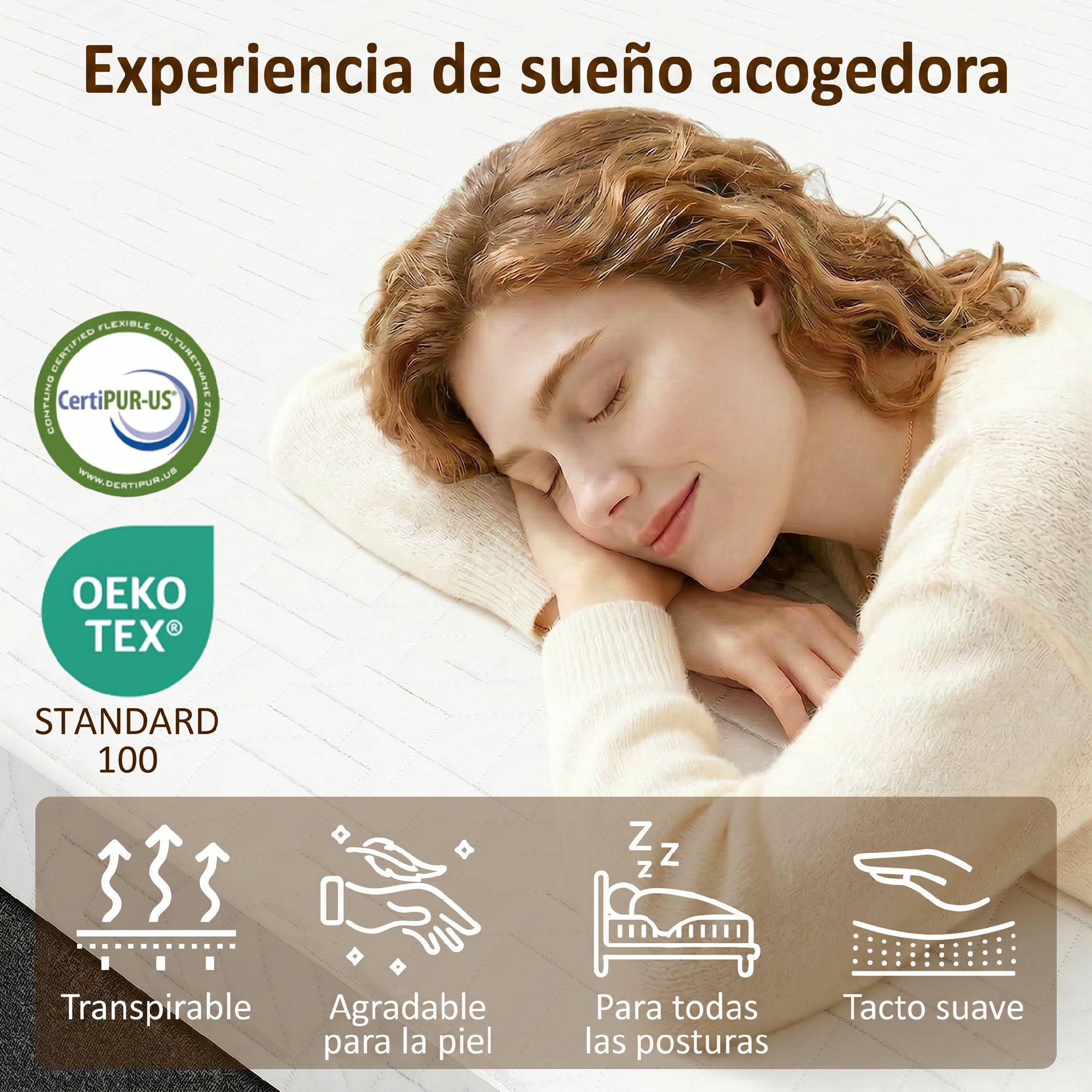 Una mujer rubia duerme plácidamente en un colchón blanco con iconos de certificación.