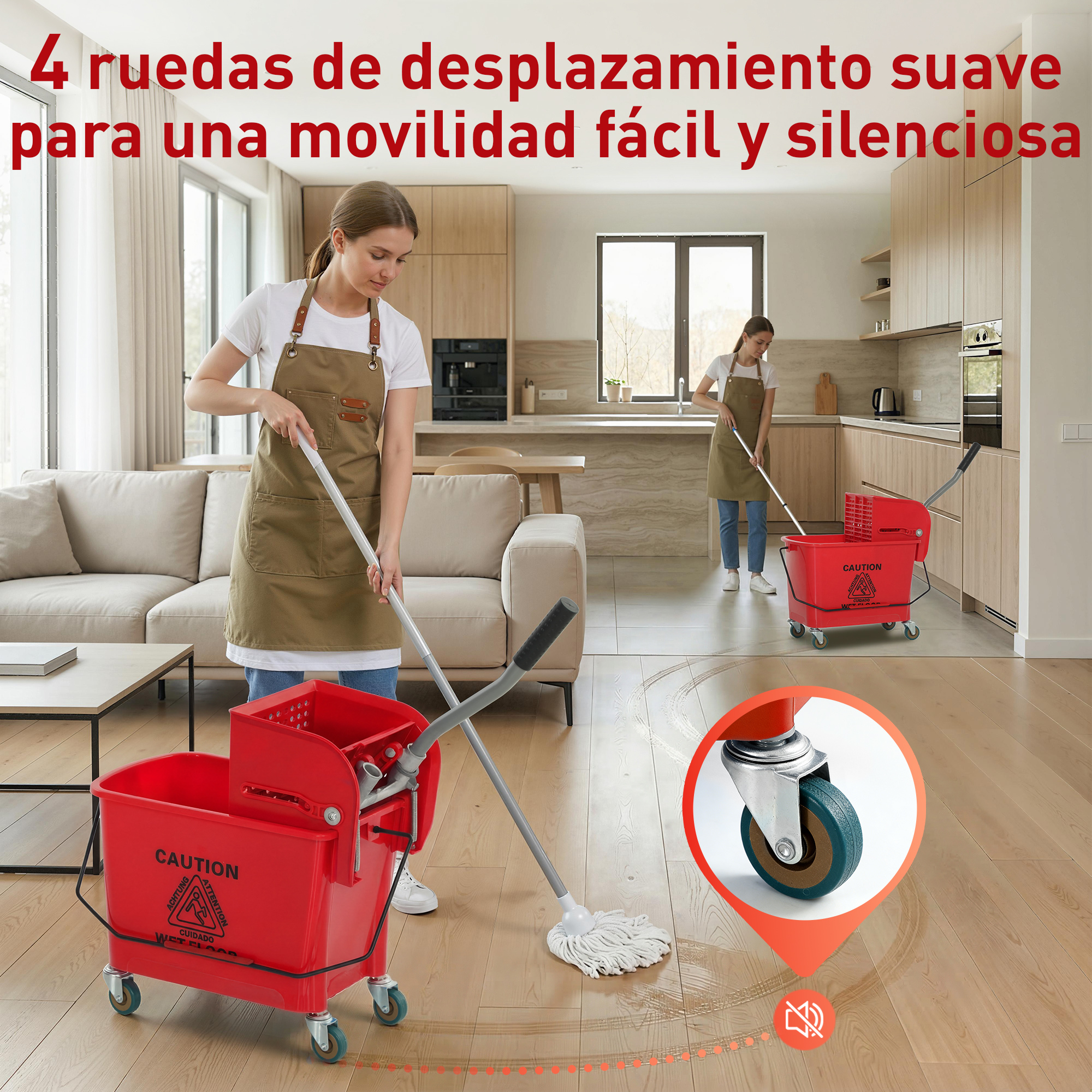 Una mujer con delantal friega un suelo de madera con un cubo rojo; un detalle muestra una rueda silenciosa.