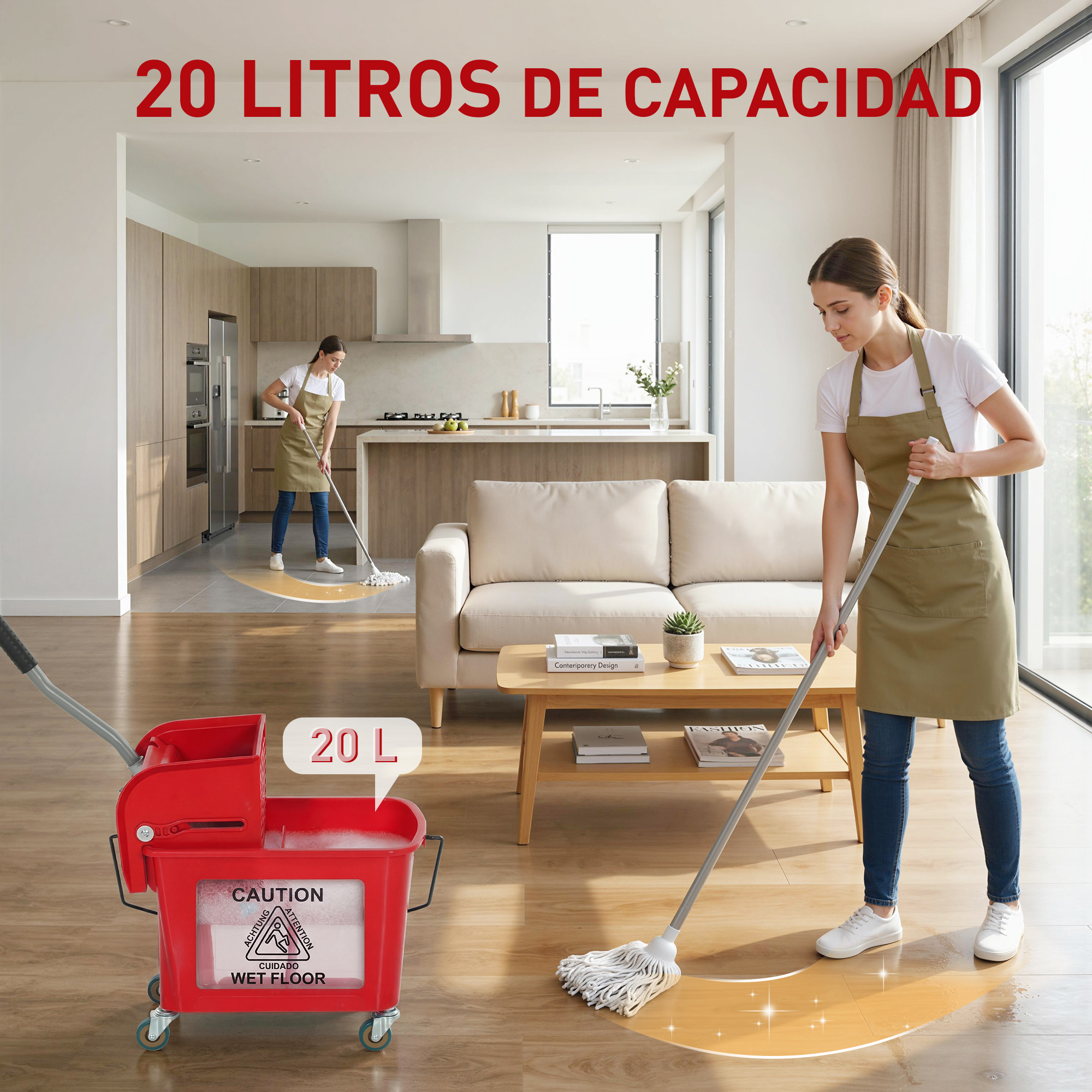 Una mujer con delantal friega un suelo de madera, con un cubo de fregona rojo de 20L en primer plano.