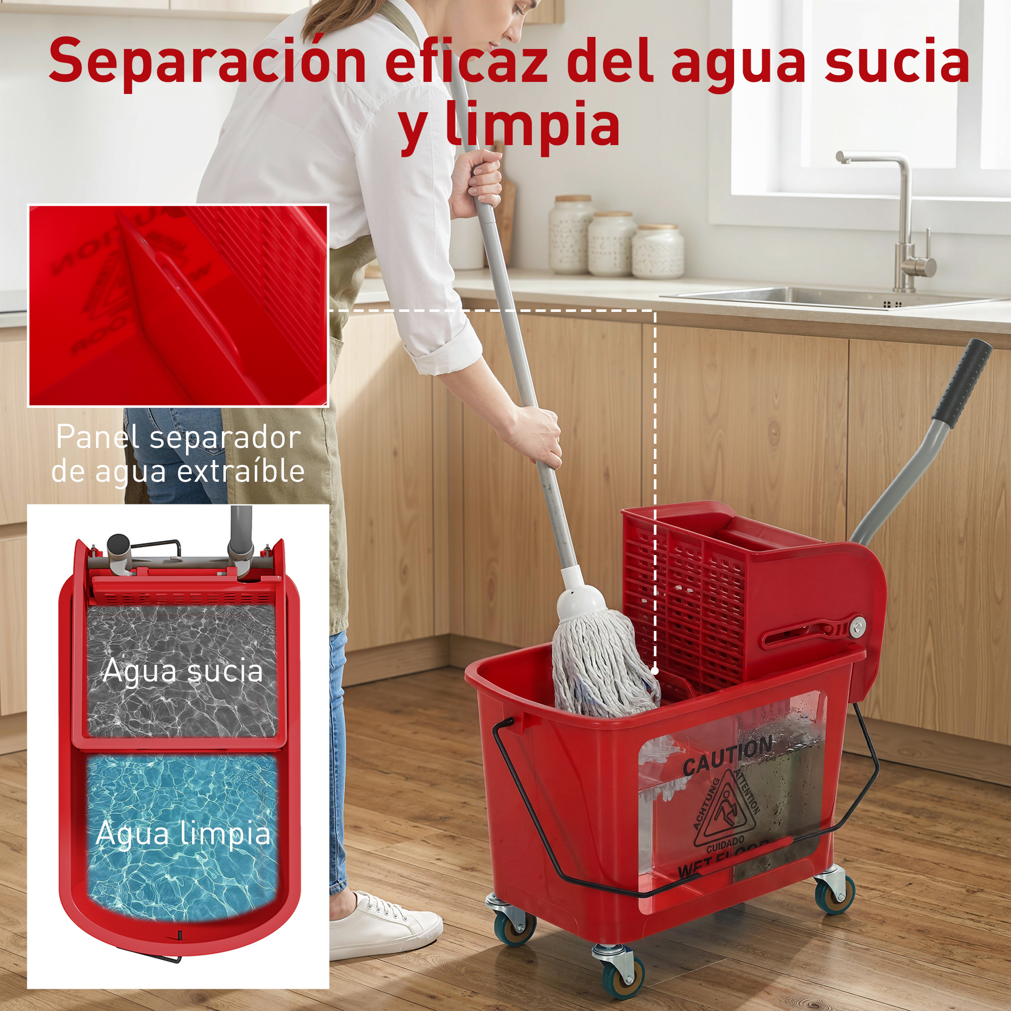 Una persona trapea el suelo de la cocina usando un sistema de fregona roja de doble cubo con separación de agua.