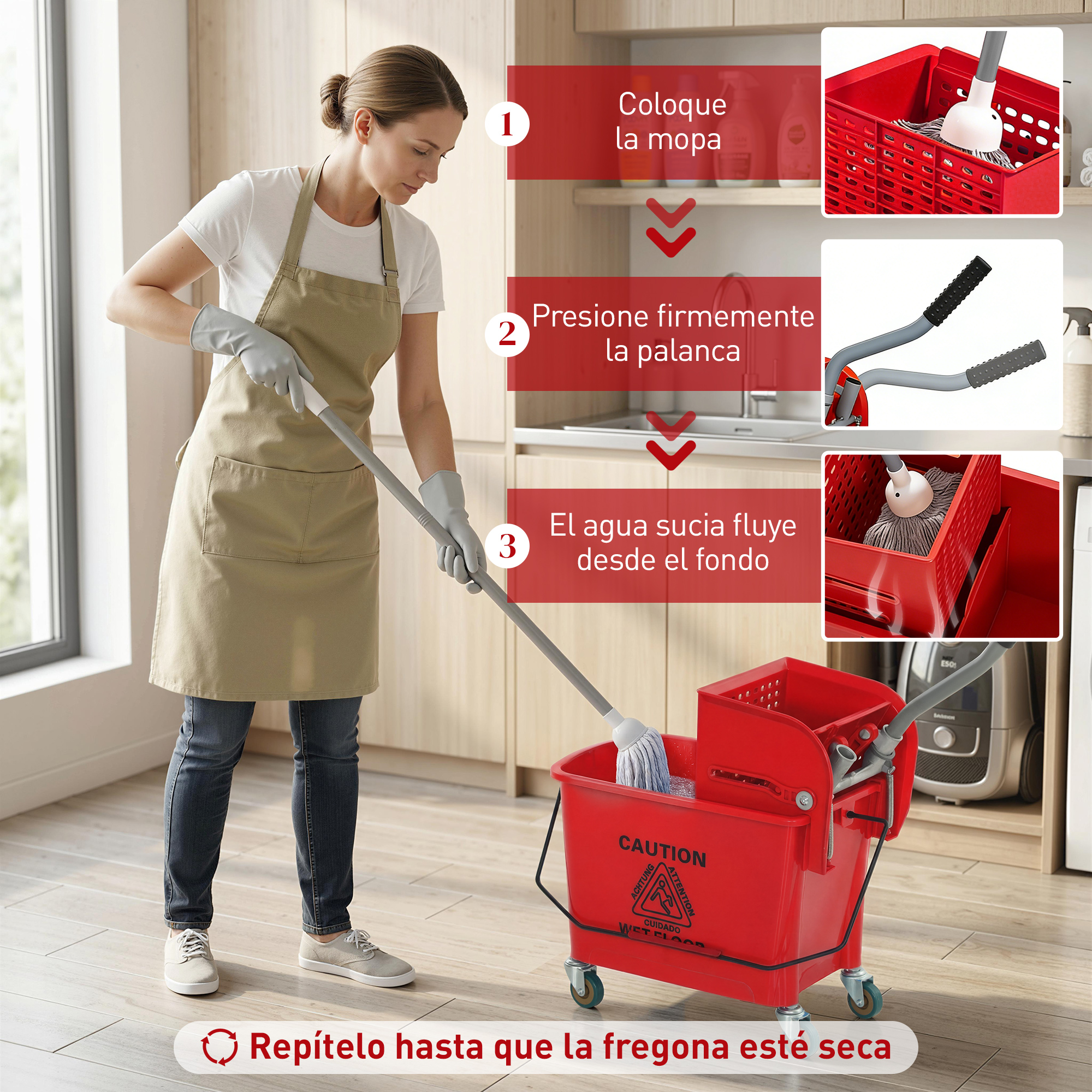 Una mujer demuestra cómo escurrir una fregona en un balde rojo en tres pasos.
