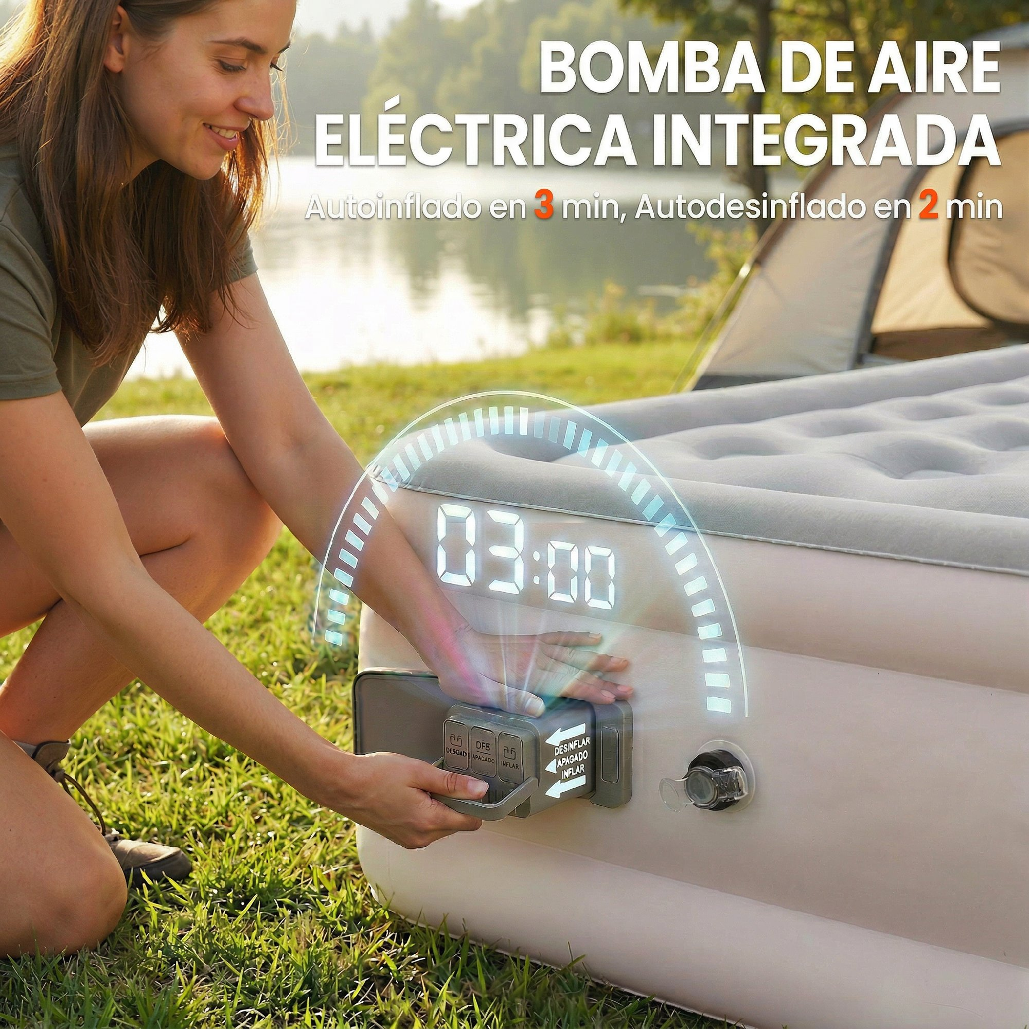 Mujer usando bomba eléctrica integrada en un colchón inflable acampando junto a un lago con tienda de campaña.