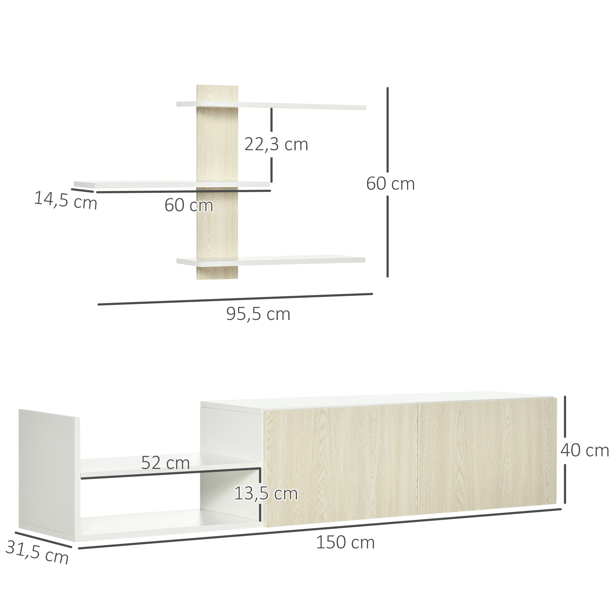 Estante de pared y mueble TV en blanco y madera con dimensiones.