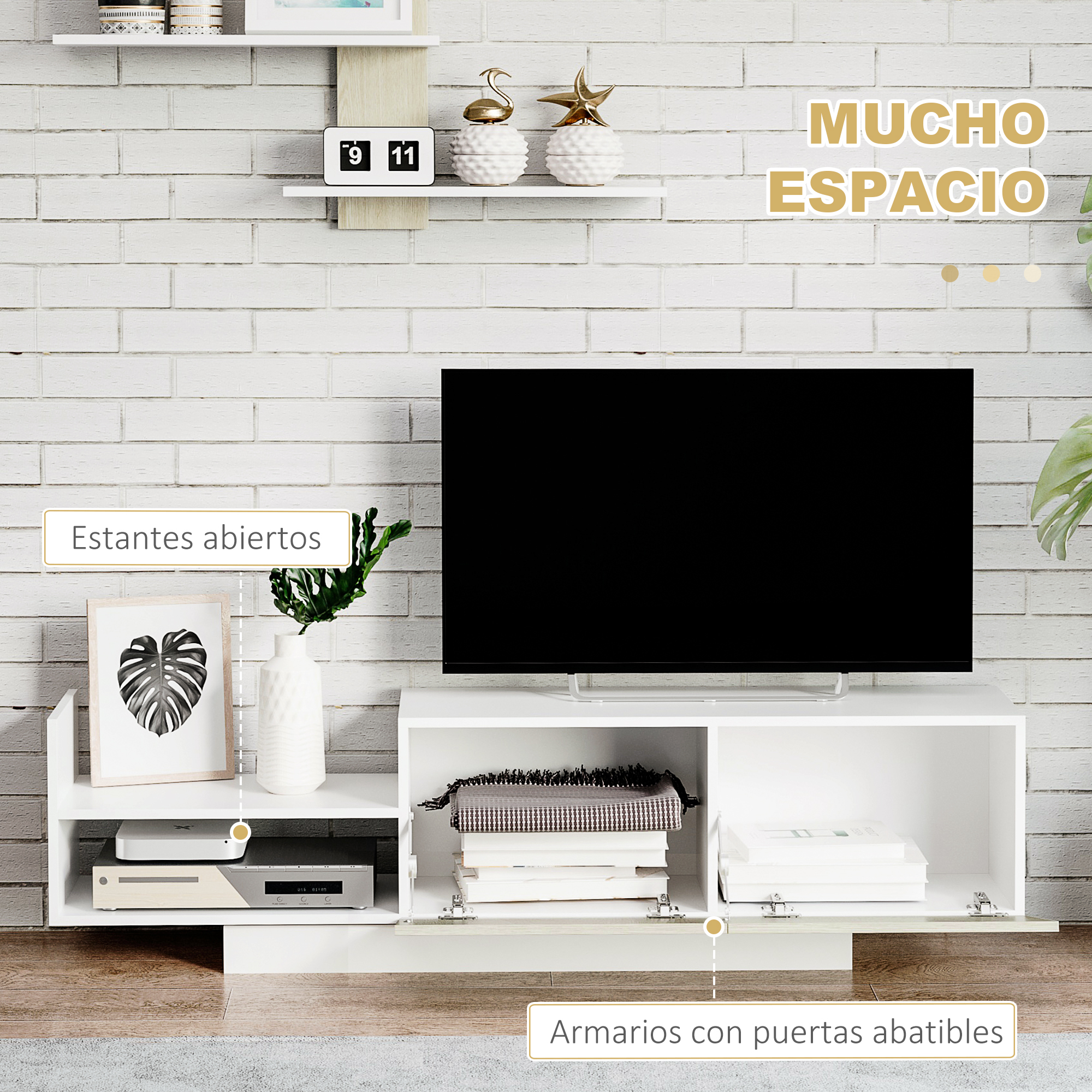 Un mueble de TV blanco con estantes abiertos y armarios, un televisor y estantes de pared contra una pared de ladrillo blanco.