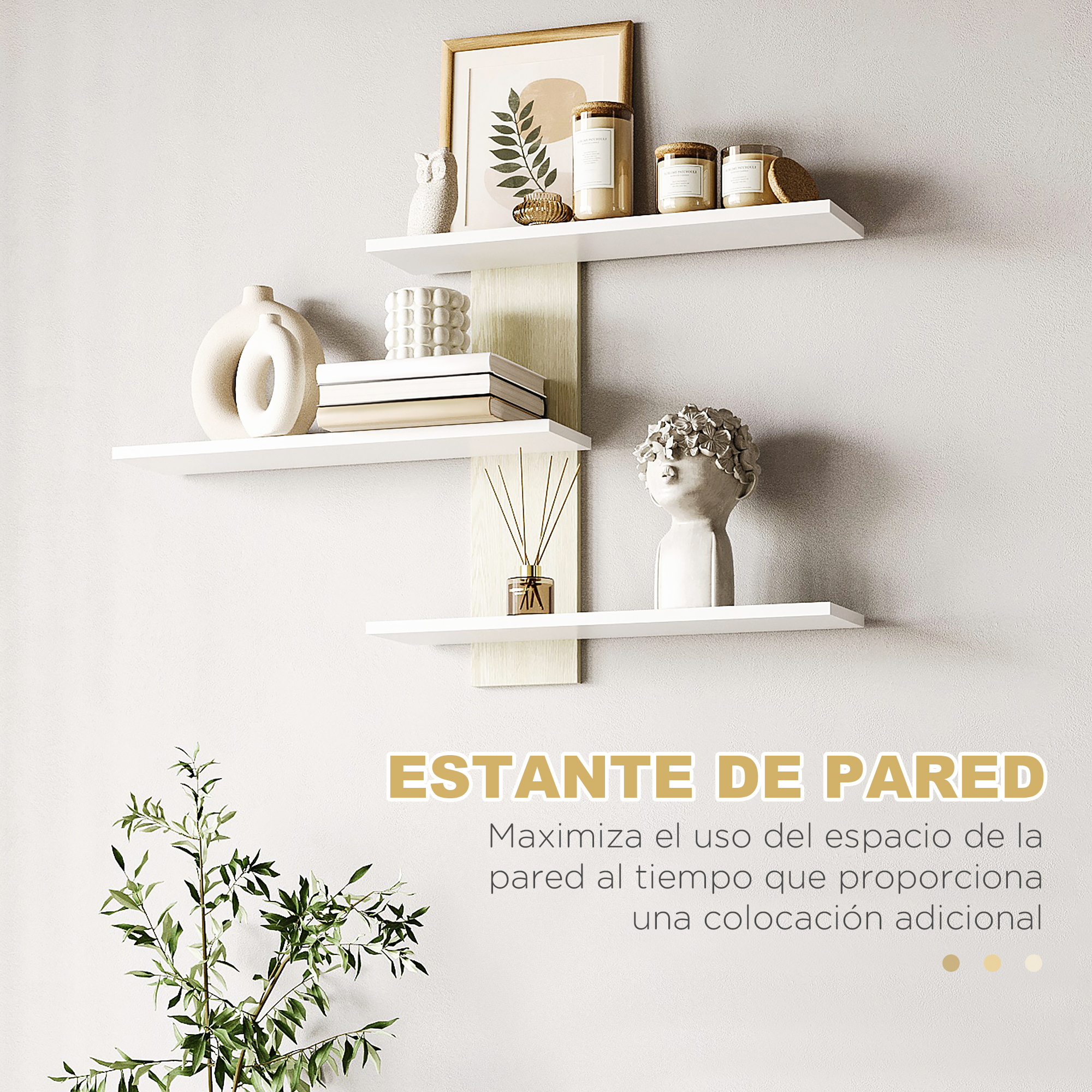 Tres repisas blancas en la pared con floreros, libros, difusor y decoración en una pared gris.