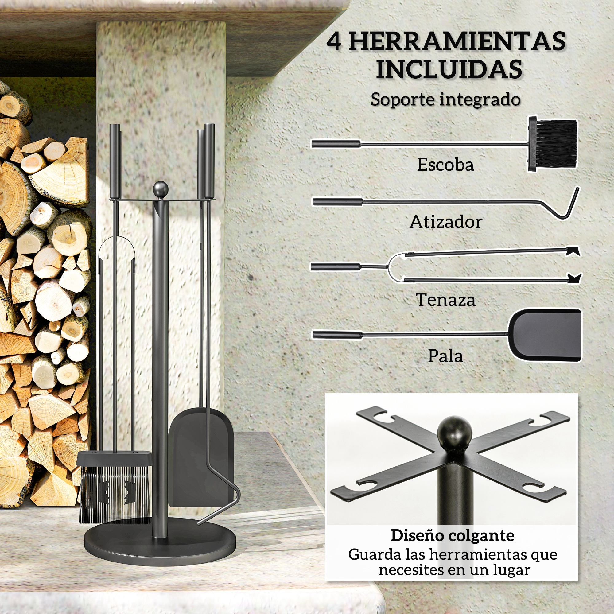 Un juego de herramientas para chimenea negro con cuatro herramientas, soporte y leña apilada.
