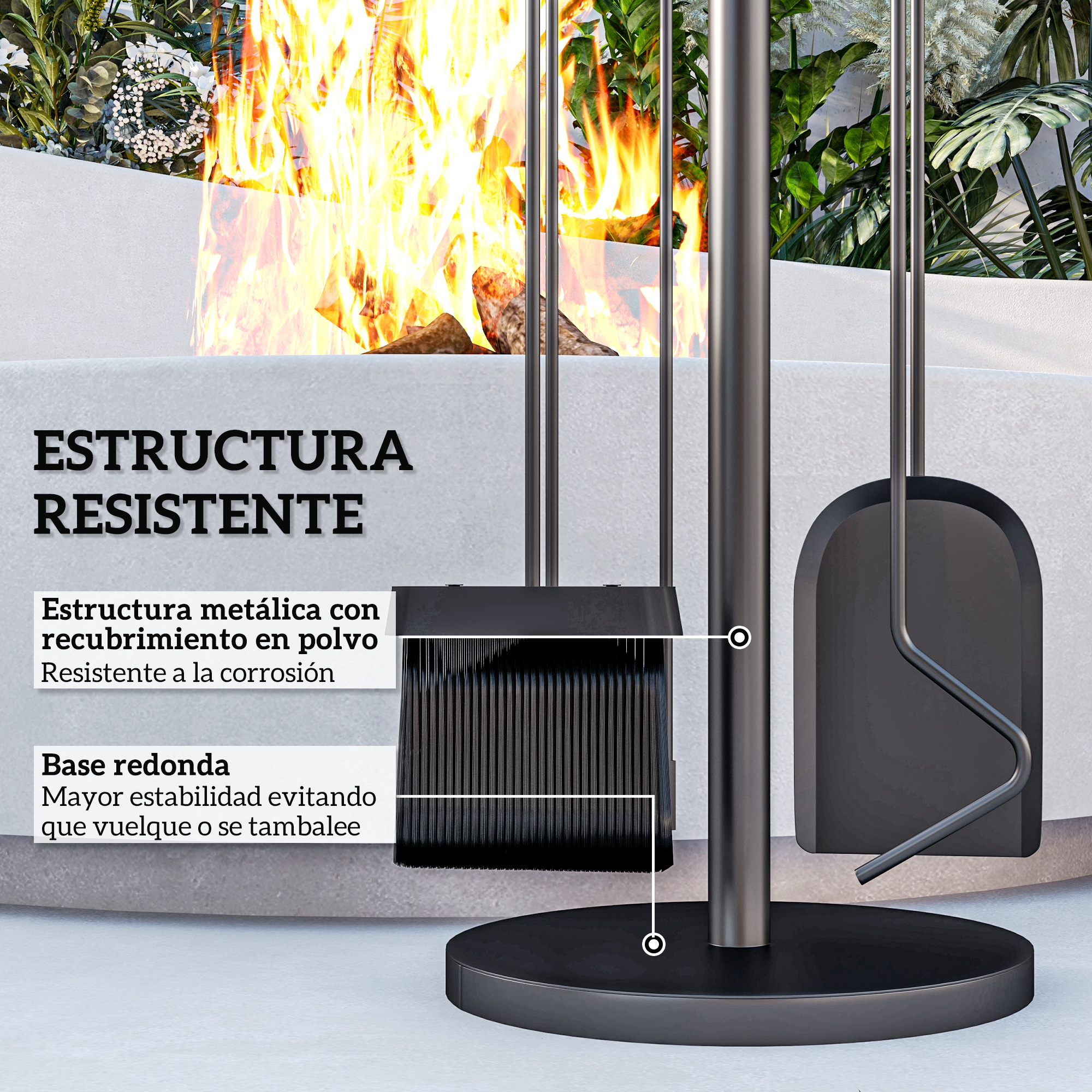 Un juego de chimenea metálico negro con base redonda frente a una hoguera.