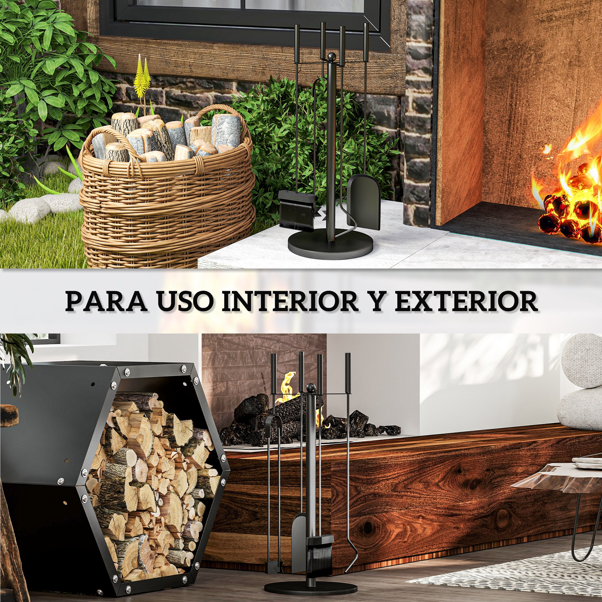 Juego de chimenea y cesto de leña para interior y exterior, con fuego en el fondo.