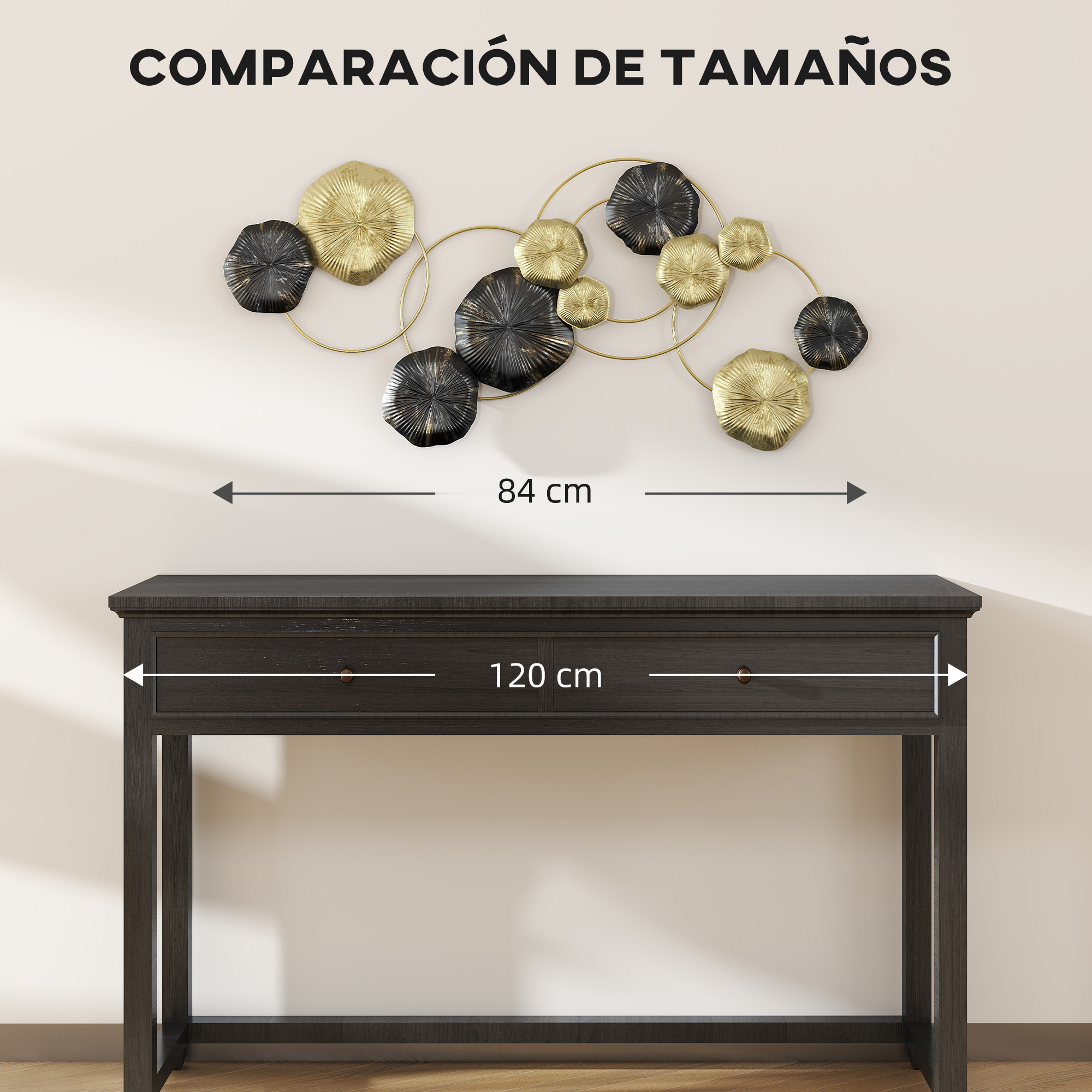 Comparación de tamaños con un cuadro de 84 cm sobre una mesa de 120 cm.
