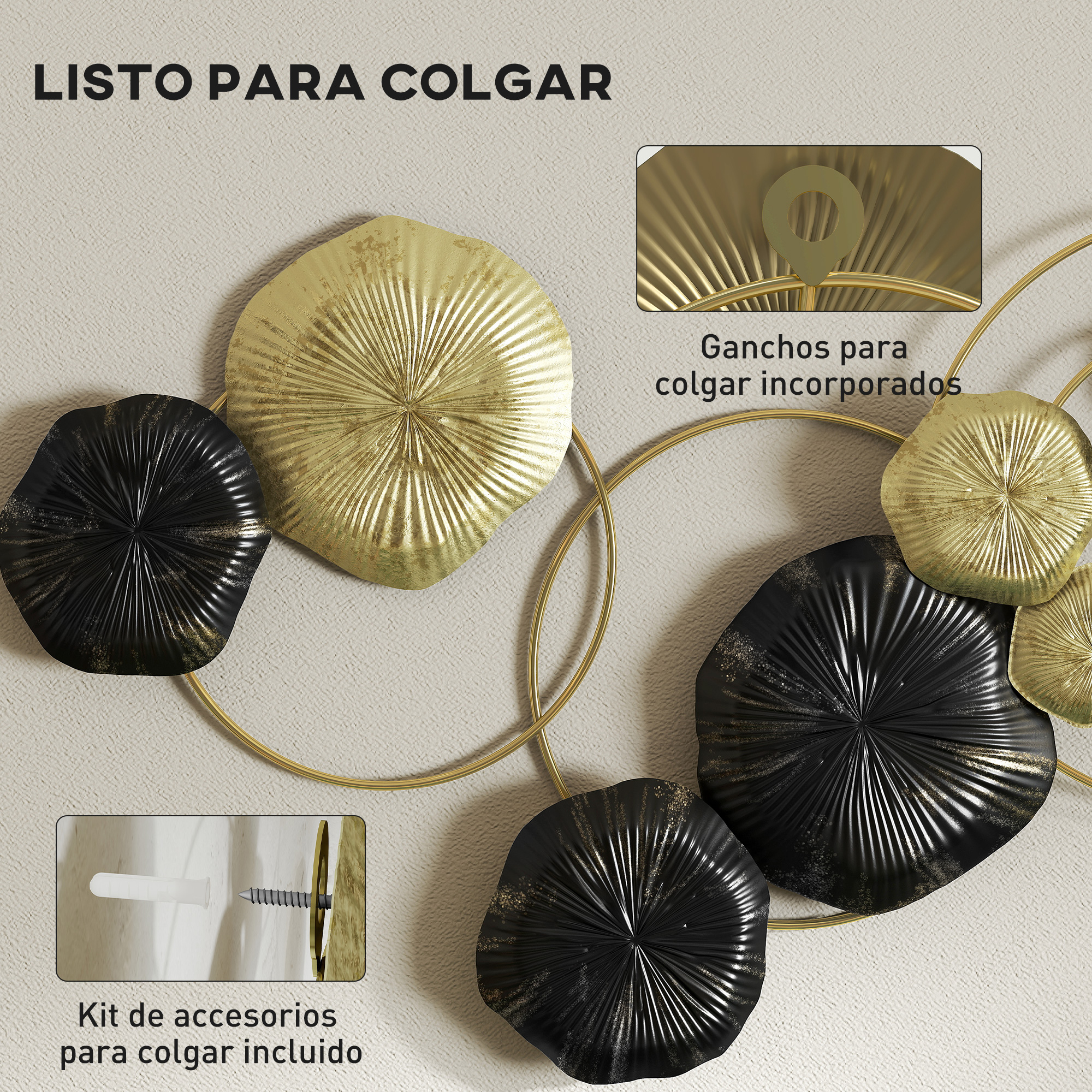 Arte de pared de metal dorado y negro con anillos, ganchos y kit de montaje.