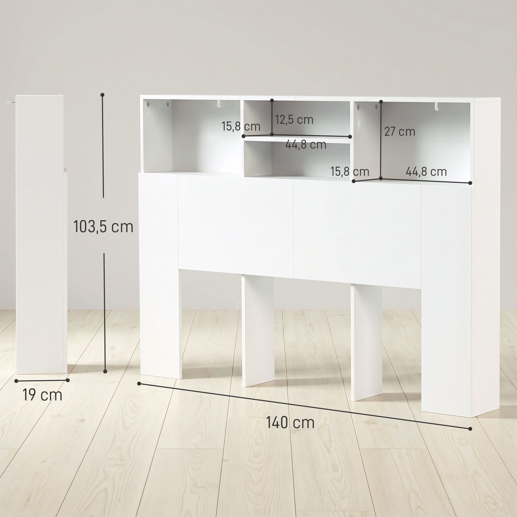 Dibujo técnico de un estante blanco con líneas de dimensión en suelo de madera clara.