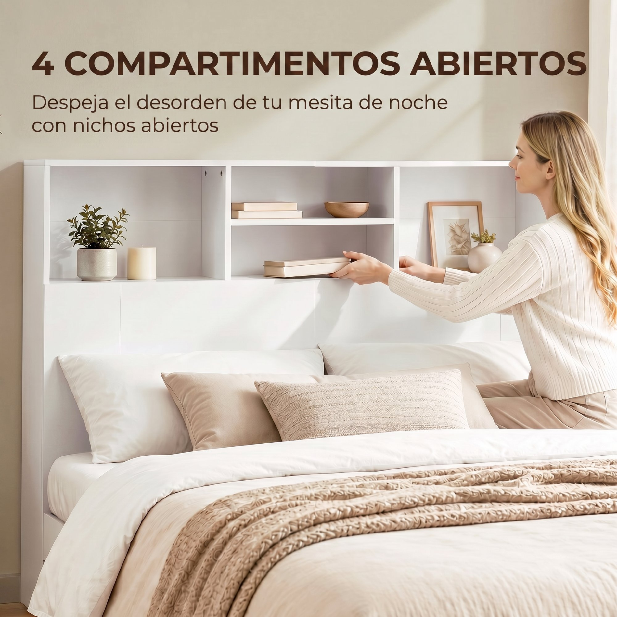 Mujer colocando un libro en un estante abierto de una cama.