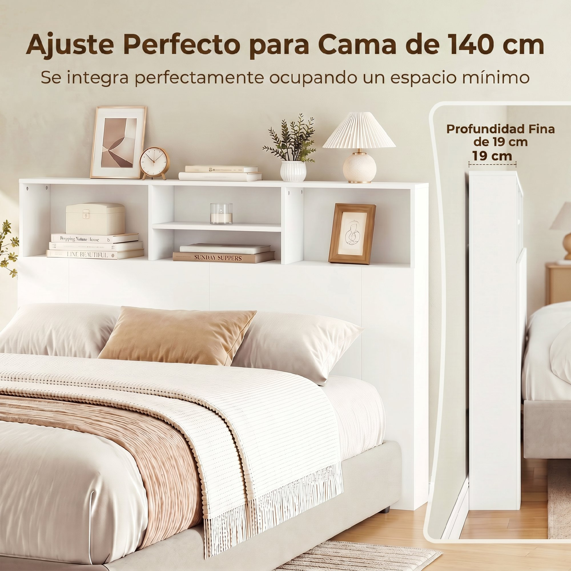 Cabecero blanco con estantes sobre una cama hecha, mostrando 19 cm de profundidad.