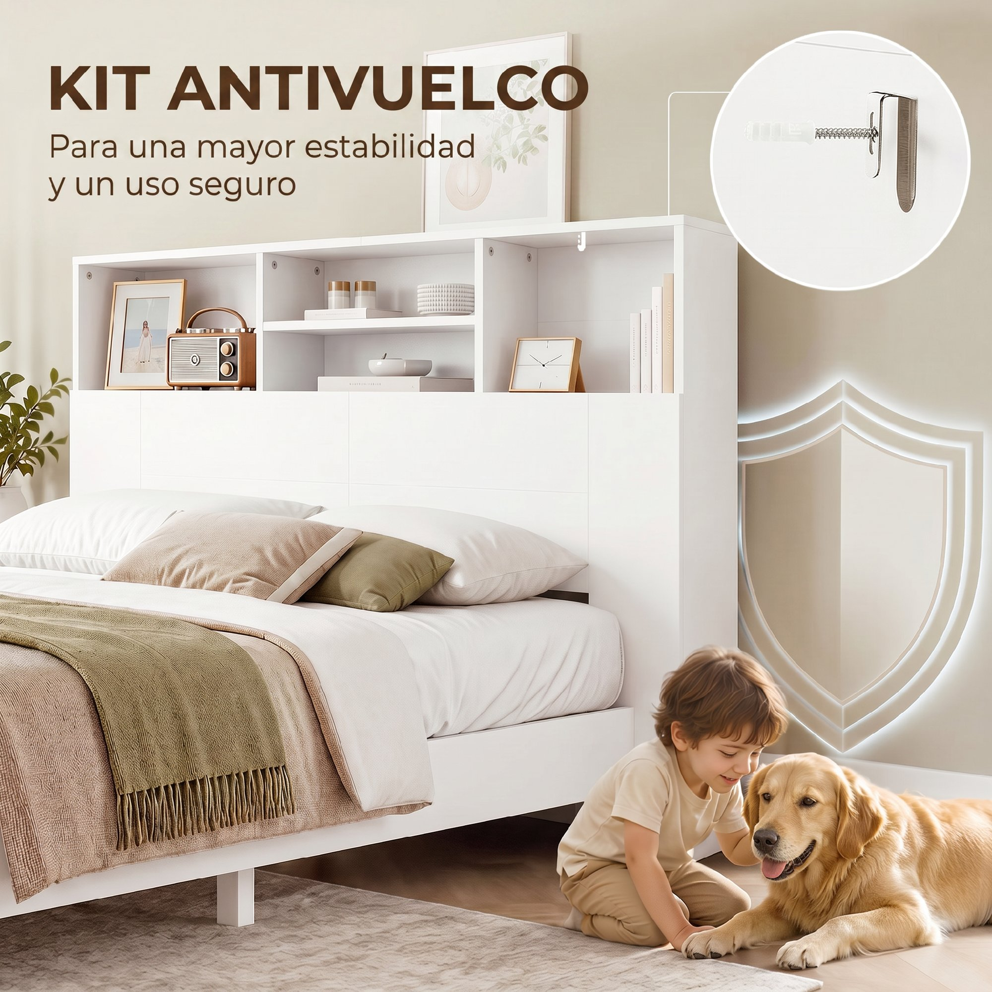 Un niño acaricia a un golden retriever frente a una cama blanca con estantería integrada.