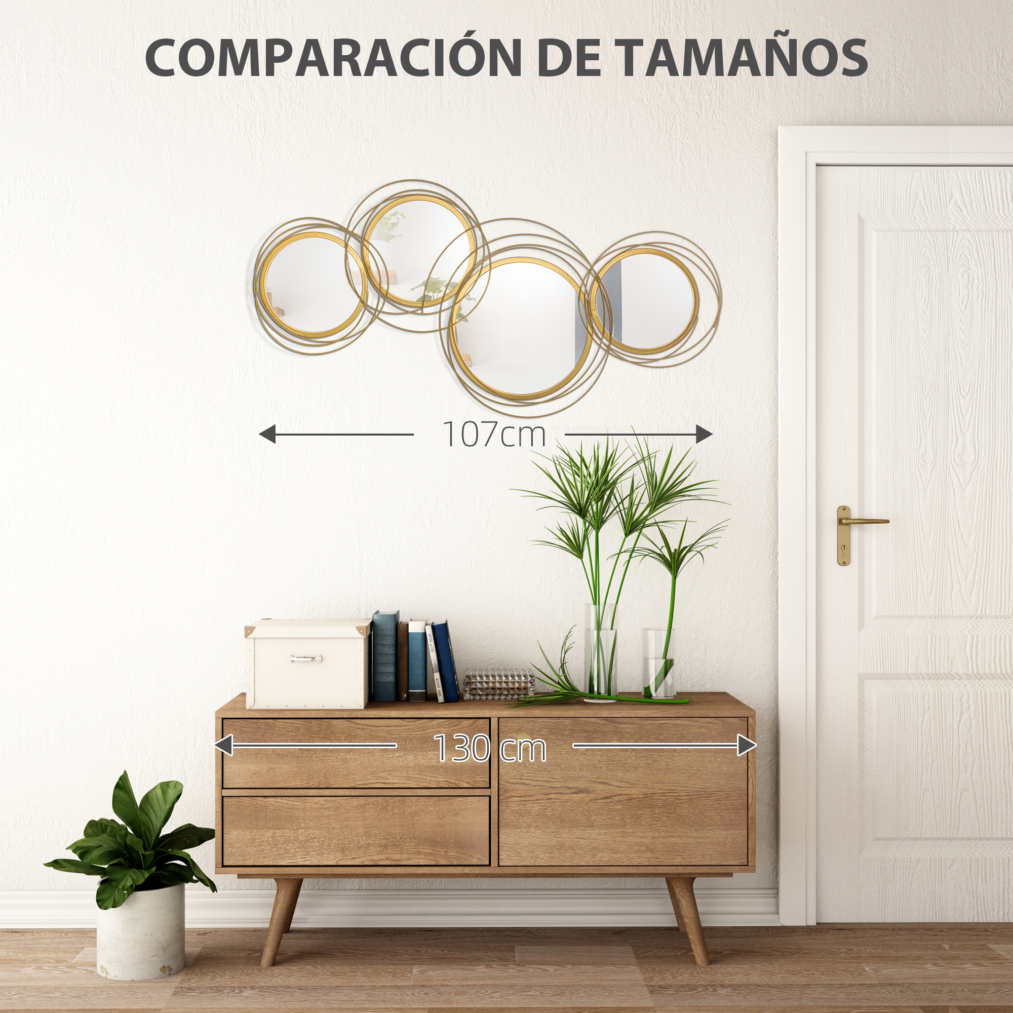Un mueble de madera y espejos dorados abstractos en una pared blanca con texto y flechas de medida.