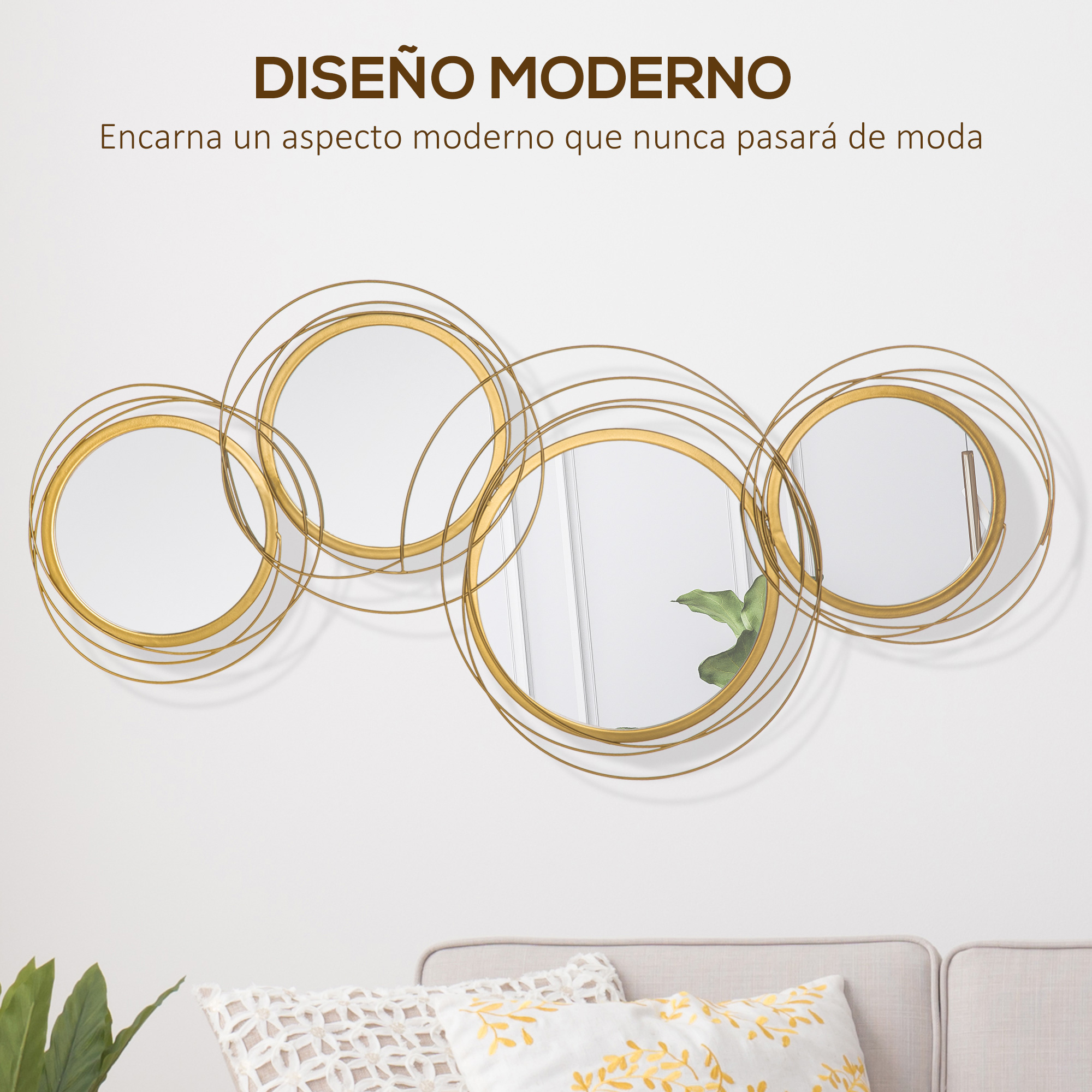 Un espejo de pared dorado decorativo con círculos concéntricos sobre un sofá.