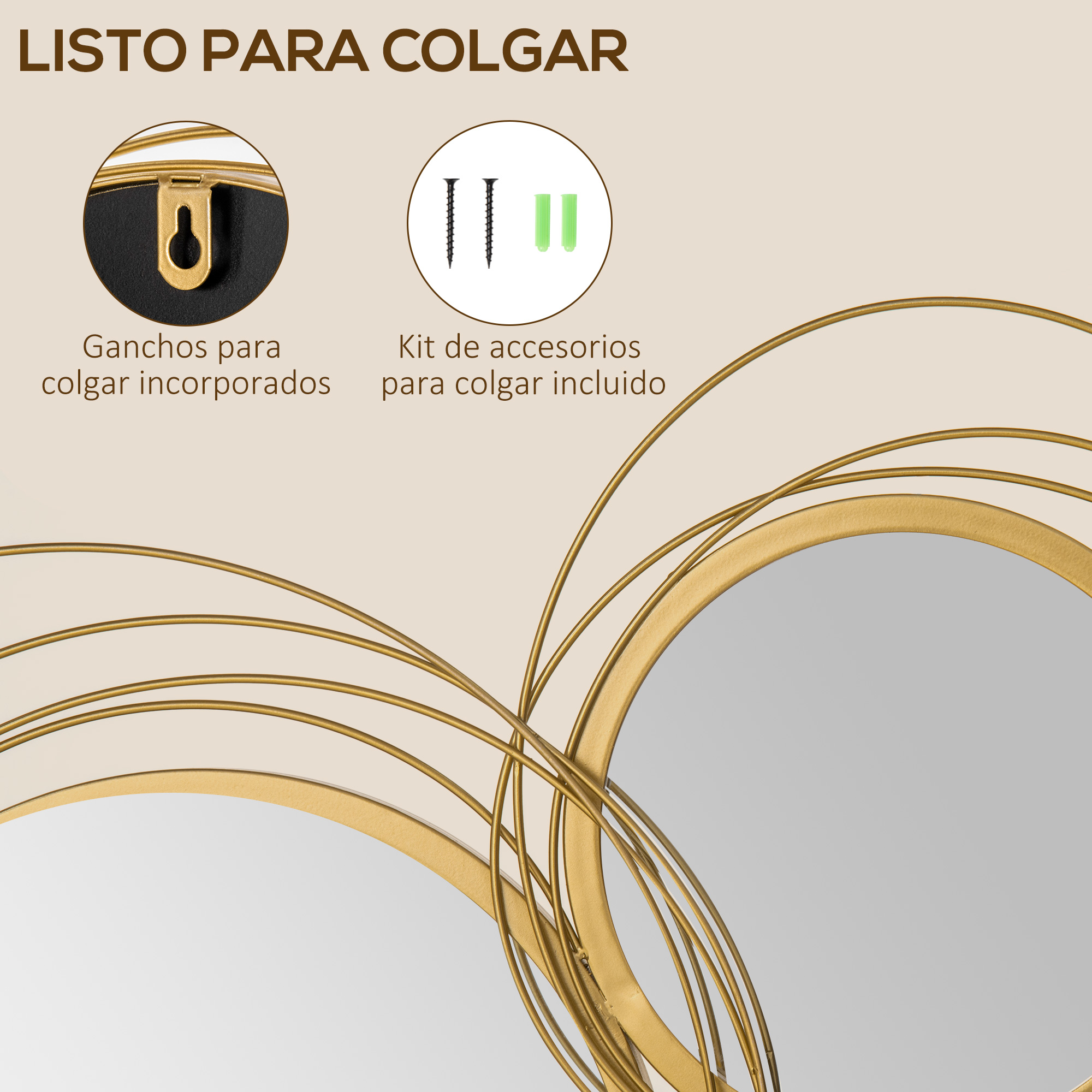 Espejo dorado con aros decorativos, ganchos integrados y kit de tornillos incluido.