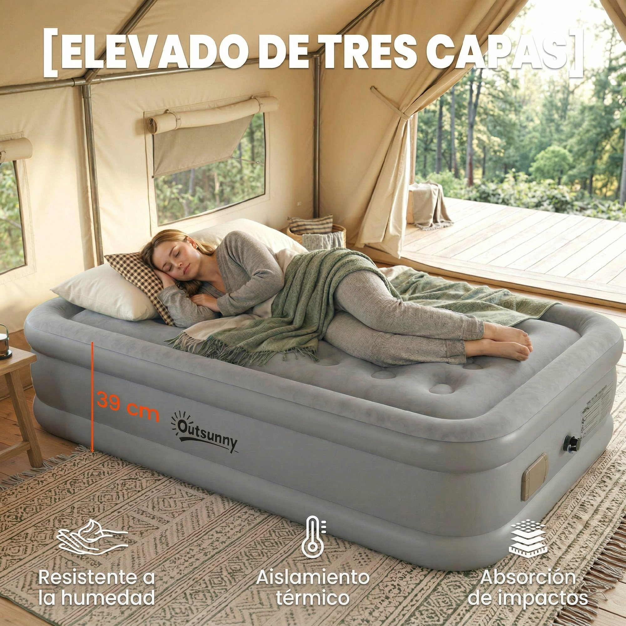 Una mujer duerme plácidamente en un colchón de aire gris elevado Outsunny dentro de una tienda.