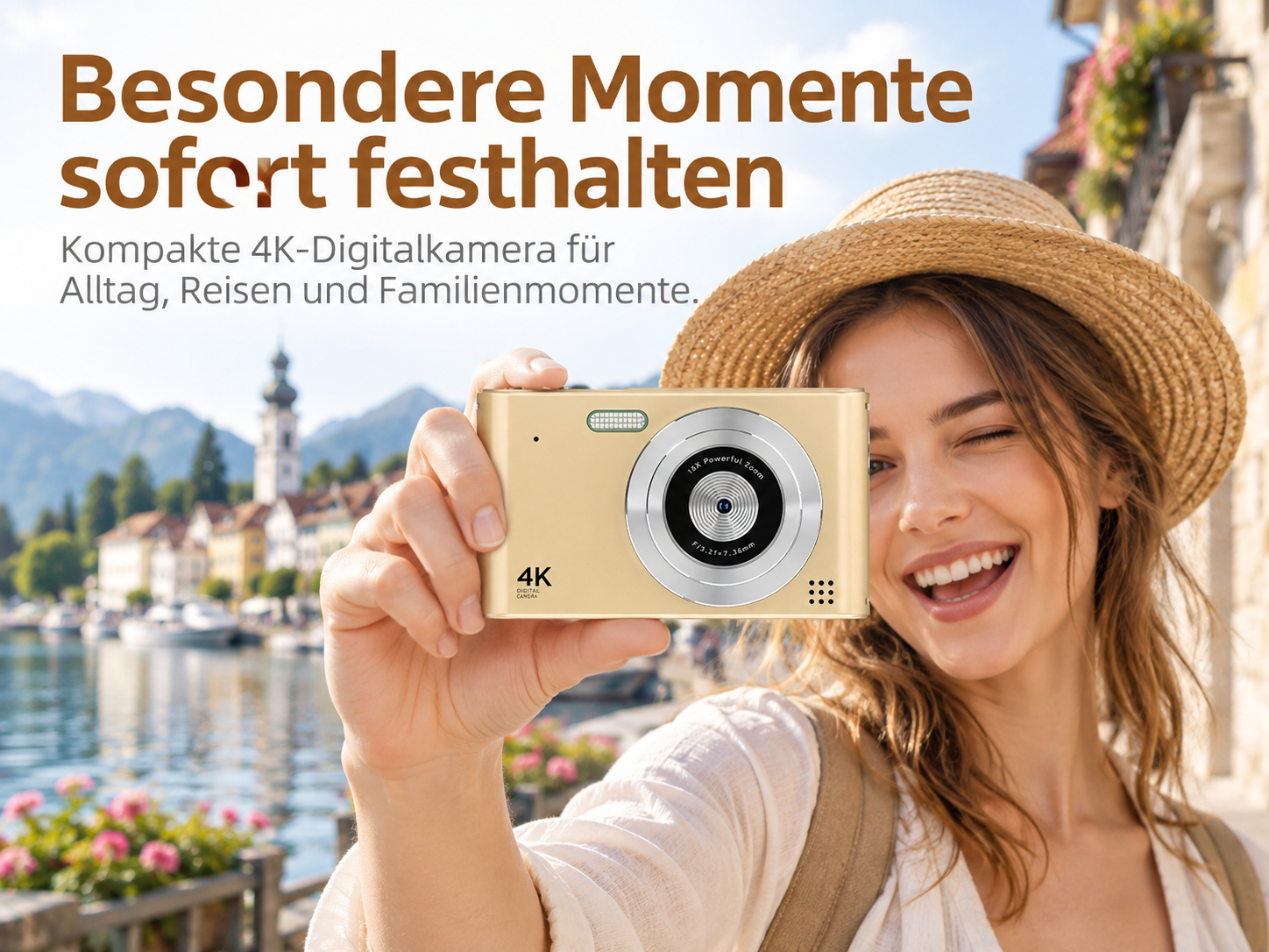 Eine Frau in einem Strohhut hält eine goldene 4K-Kamera vor eine See- und Bergkulisse.