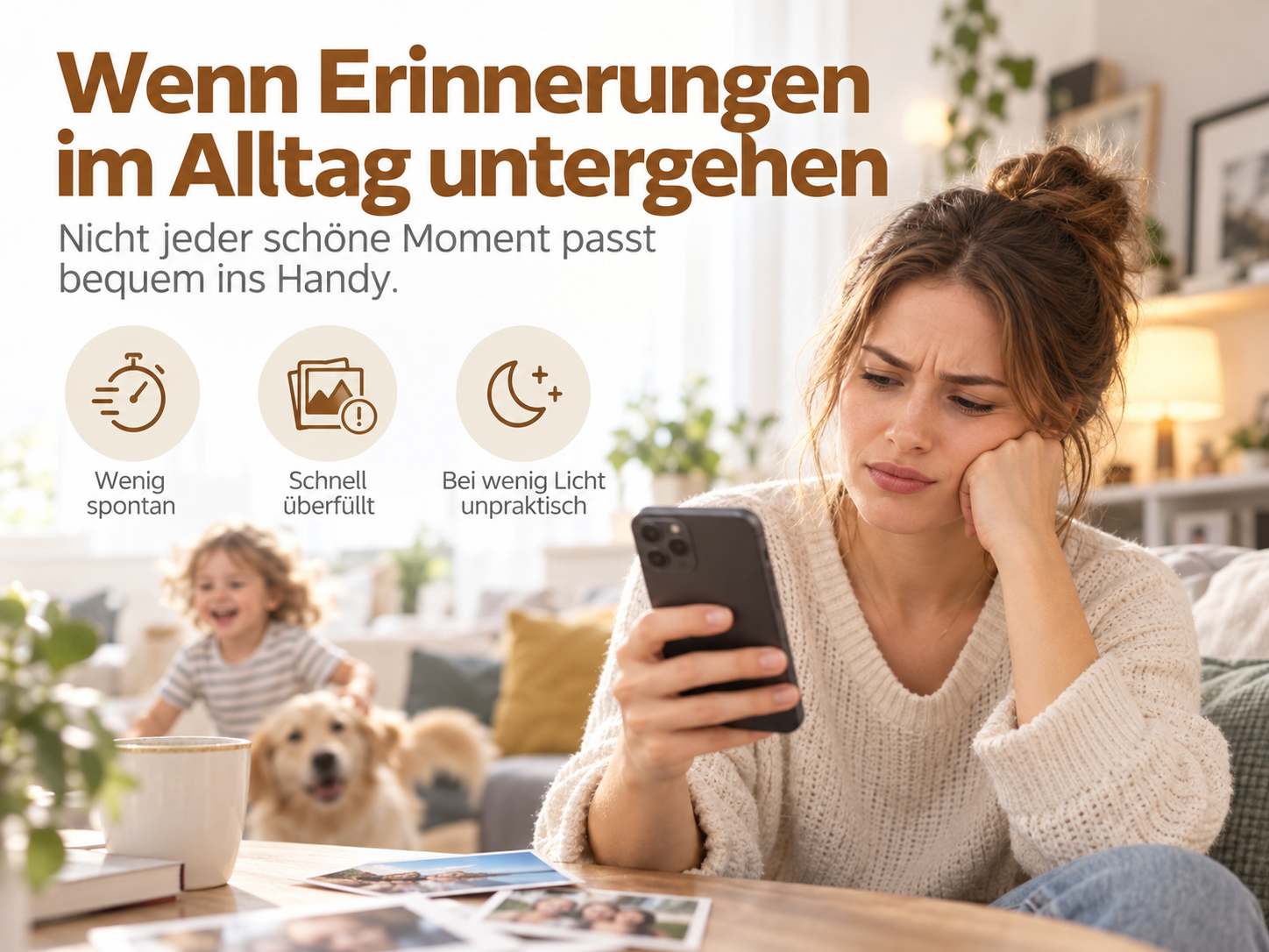 Eine Frau schaut frustriert auf ihr Smartphone, mit deutschen Texten und Symbolen über verlorene Alltagsmomente.