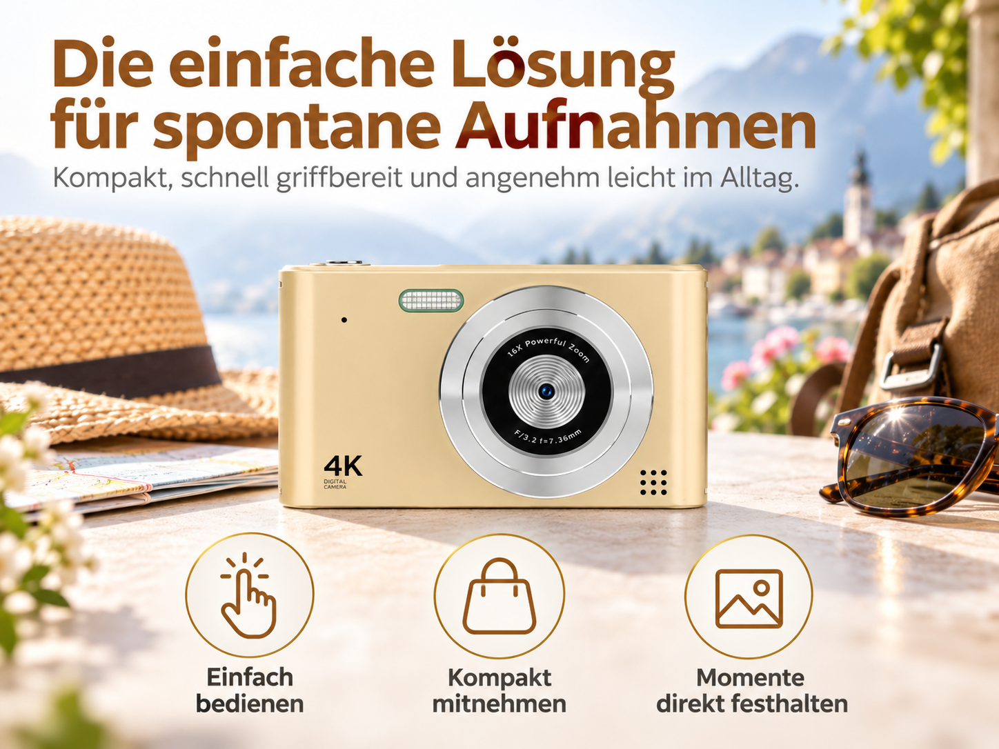 Eine goldene 4K-Kompaktkamera auf einem Tisch mit Strohhut, Sonnenbrille und deutschem Werbetext.